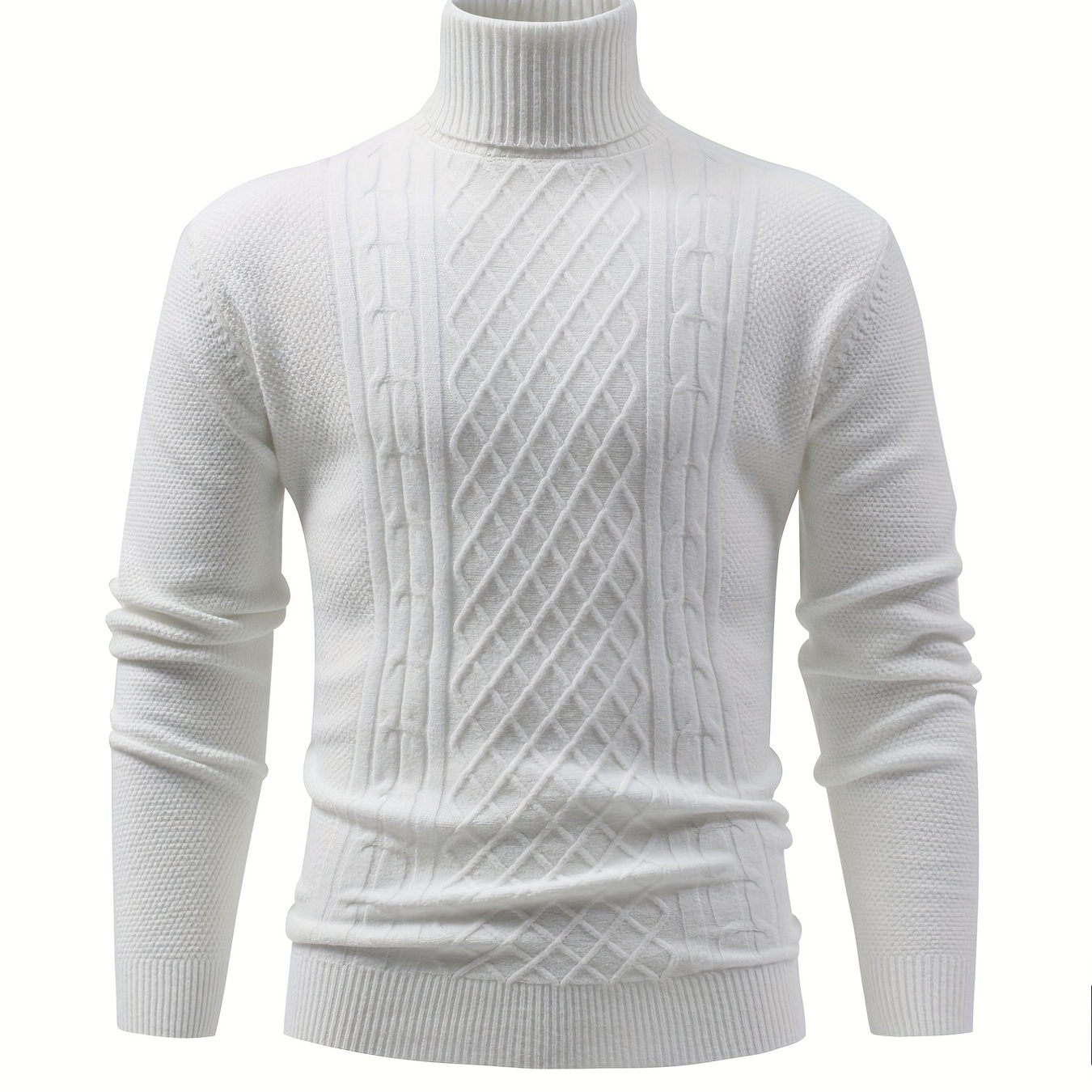 

Turtle Neck Knitted Cable Sweater, Men's Casual Warm Solid High Stretch Pullover Sweater For Fall Winter