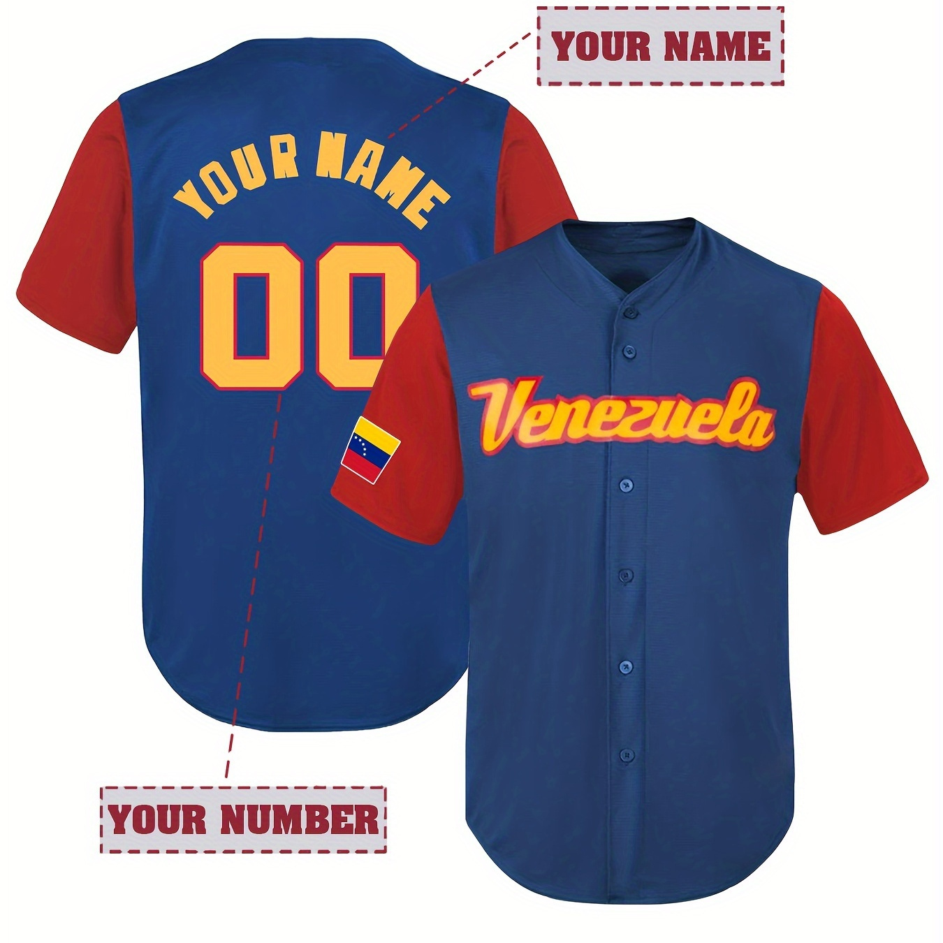 

Customized Name And Number Design, Men's Venezuela Embroidery Design Short Sleeve Loose Breathable V-neck Baseball Jersey, Sports Shirt For Team Training