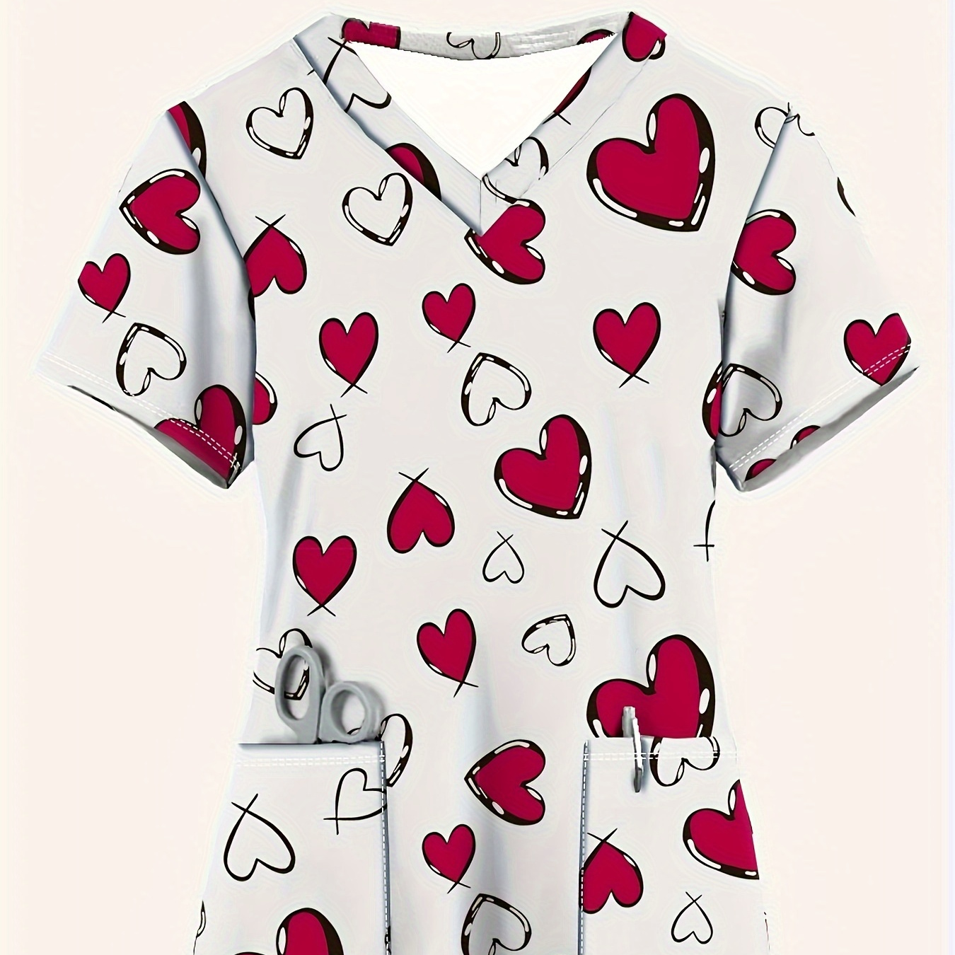 

Ladies' Stylish Short-sleeve V-neck Top, Red Heart Casual And Comfortable Medical Nurse Uniform With Pockets.