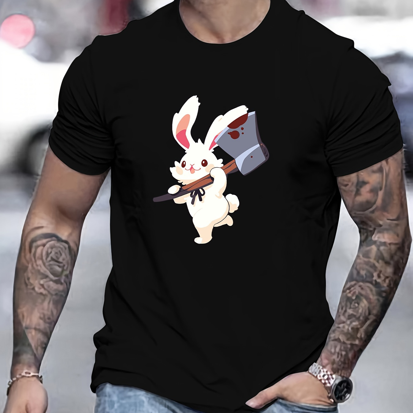 

Rabbit With An Axe Cartoon Pattern Men's Casual Round Neck Short T-sleeves, Casual And Comfy Summer T-shirt For Daily Wear And Vacation Resorts