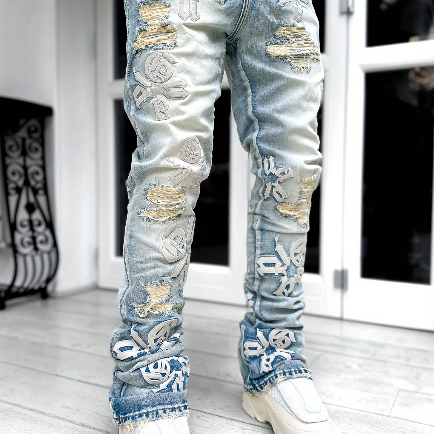 

Men's Casual Letter Embroidery Jeans, Chic Vintage Style Skinny Denim Pants