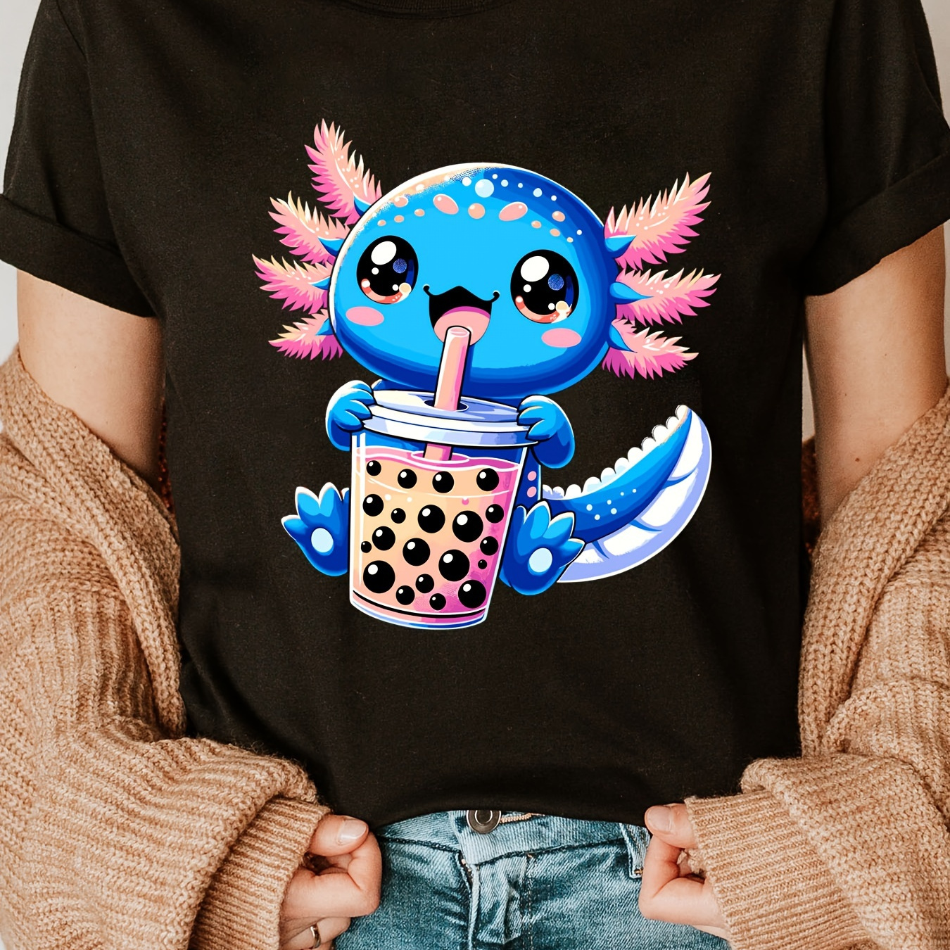

Cartoon Axolotl Print Crew Neck T-shirt, Casual Short Sleeve T-shirt For Spring & Summer, Women's Clothing