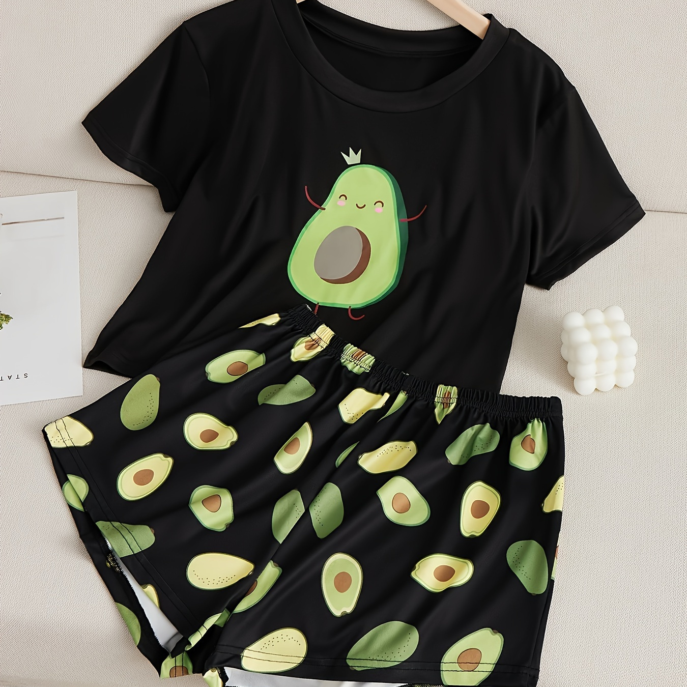 

Women's Cute Avocado Print Pajama Set, Short Sleeve Round Neck Top & Shorts, Comfortable Relaxed Fit