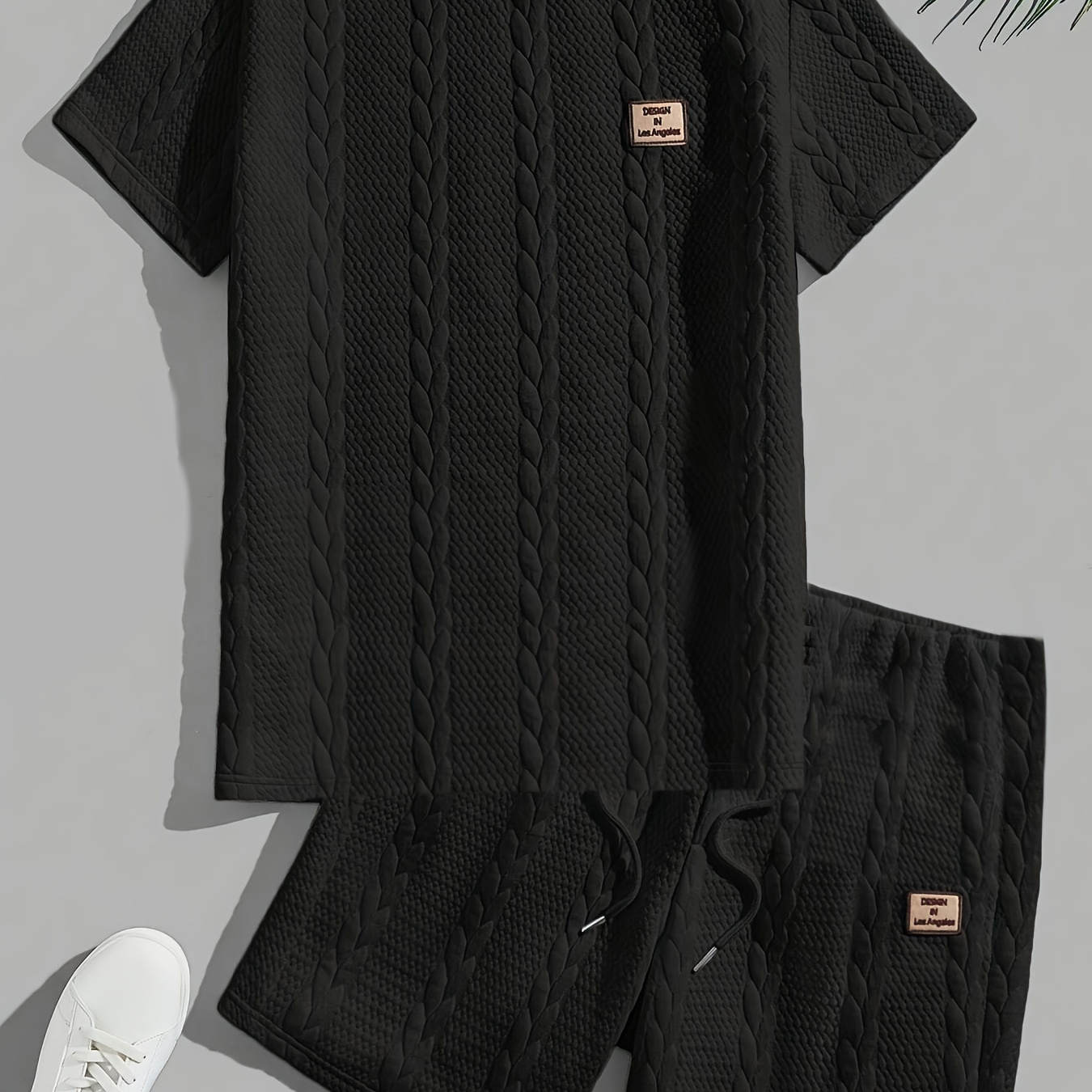 

Men's Casual Round Neck Short Sleeve T-shirt & Shorts Set In Black - Soft, Stretchy Polyester With Cable Knit Texture, Machine Washable,