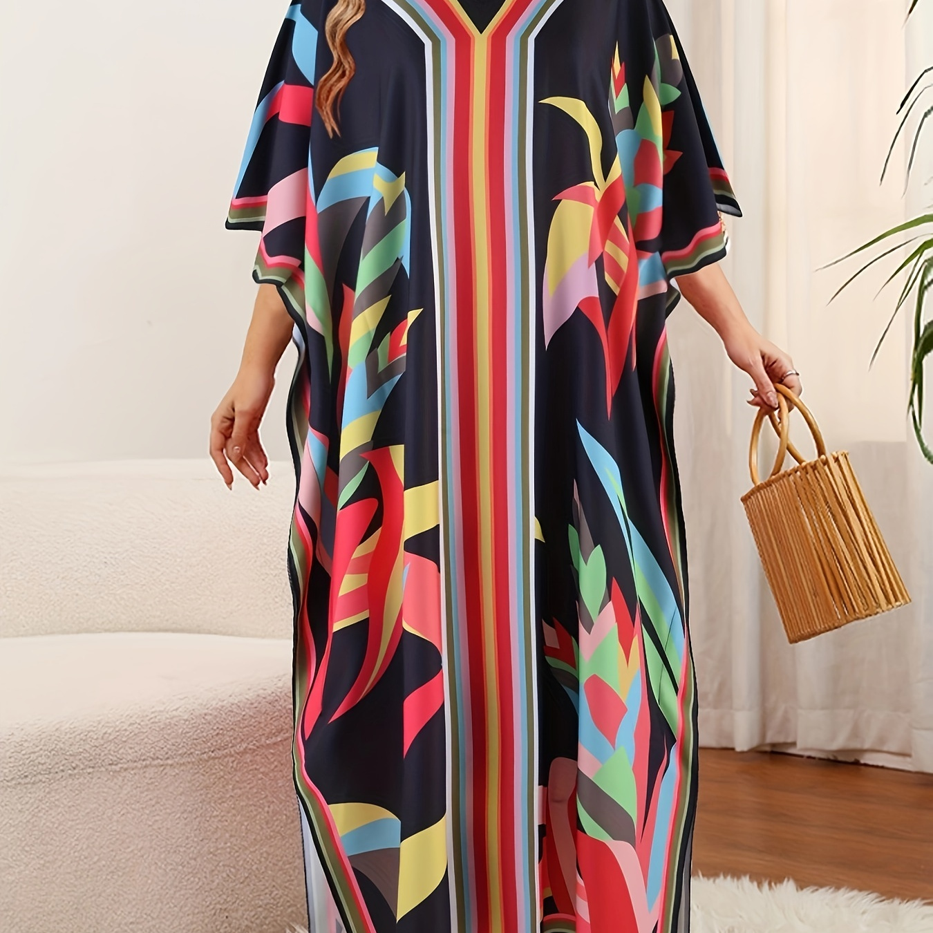 

Plus Size Colorblock Geometric Print Kaftan Dress, Casual V Neck Batwing Sleeve Dress, Women's Plus Size Clothing