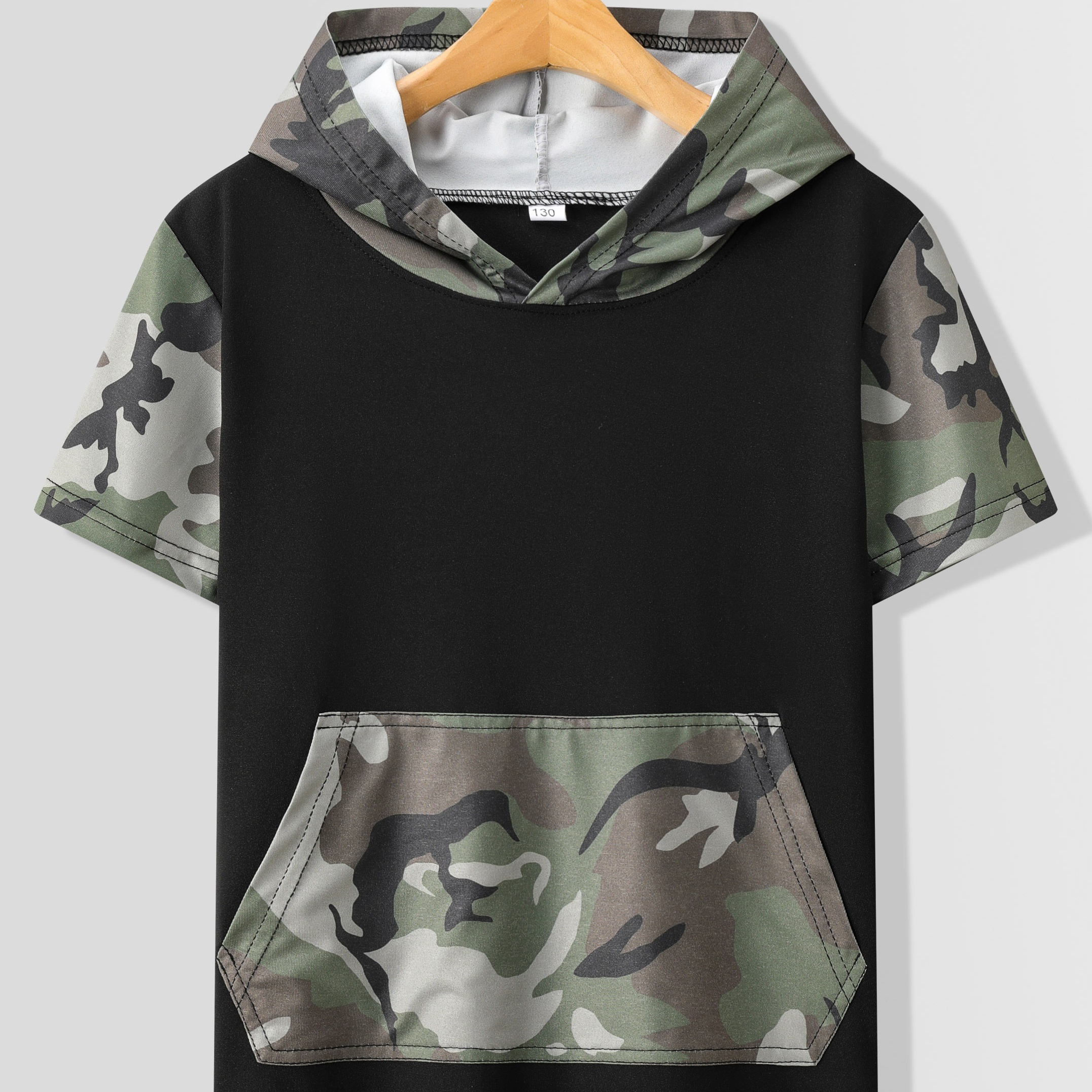 

Boy's Camo Pattern Hoodie T-shirt, Casual Short Sleeve Breathable Pocket Comfy Summer Outdoor Hooded Tops