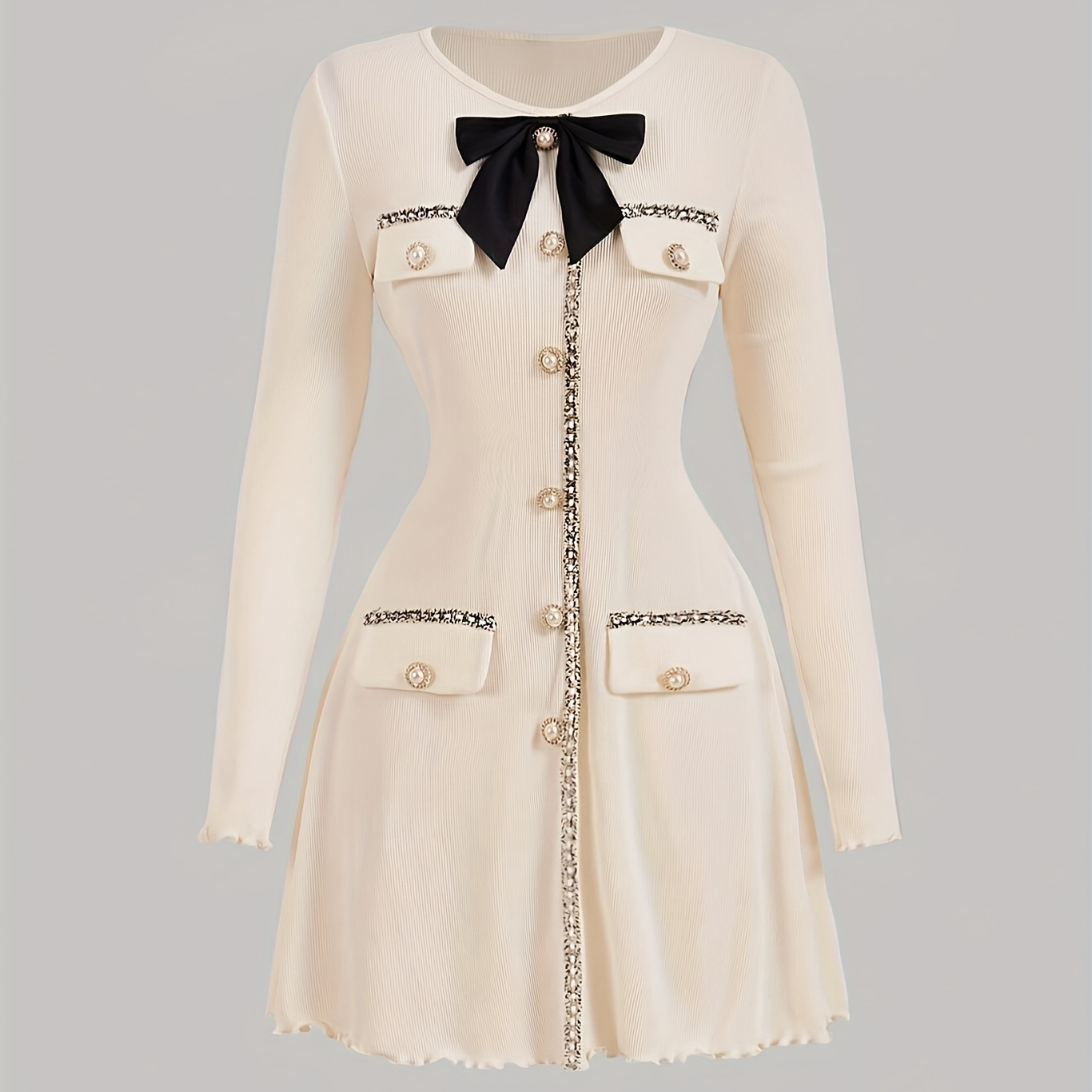 

Robe Élégante à Manches Longues pour Femme avec Détail Chic de Nœud et Boutonnage - Col en V, Mélange de Polyester Crème, Ourlet à Franges, Port Toute , Robe Mignonne