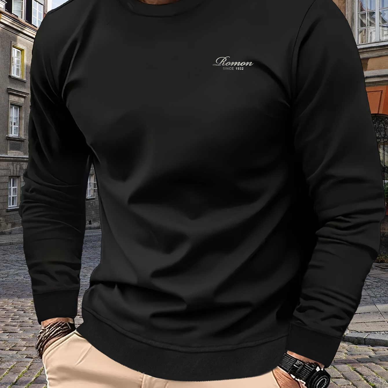 

Men's Casual Cotton Sweatshirt - Long Sleeve, Round Neck Pullover With Letter Print For Fall & Winter