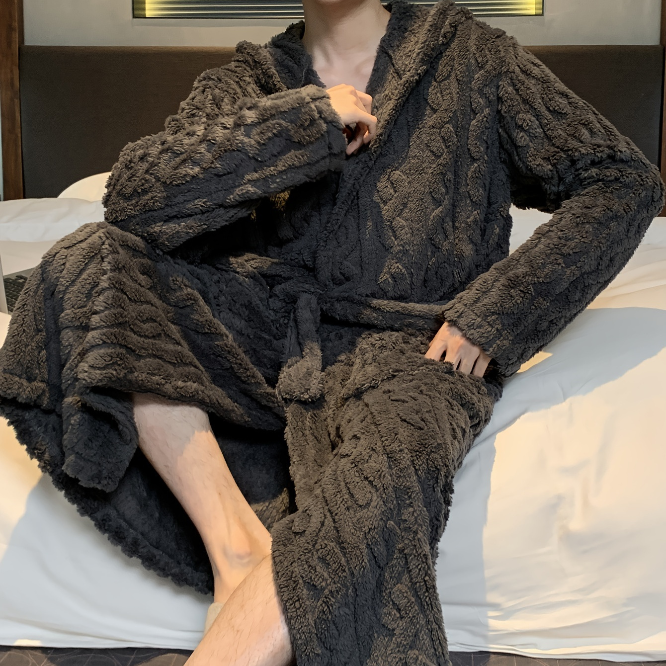 

Men's Warm Soft Comfy Plain Color Long Hooded Robe For Home Pajamas Wear Flannel Night-robe Sets After A Bath Sleepwear Lounge Wear For Autumn Winter