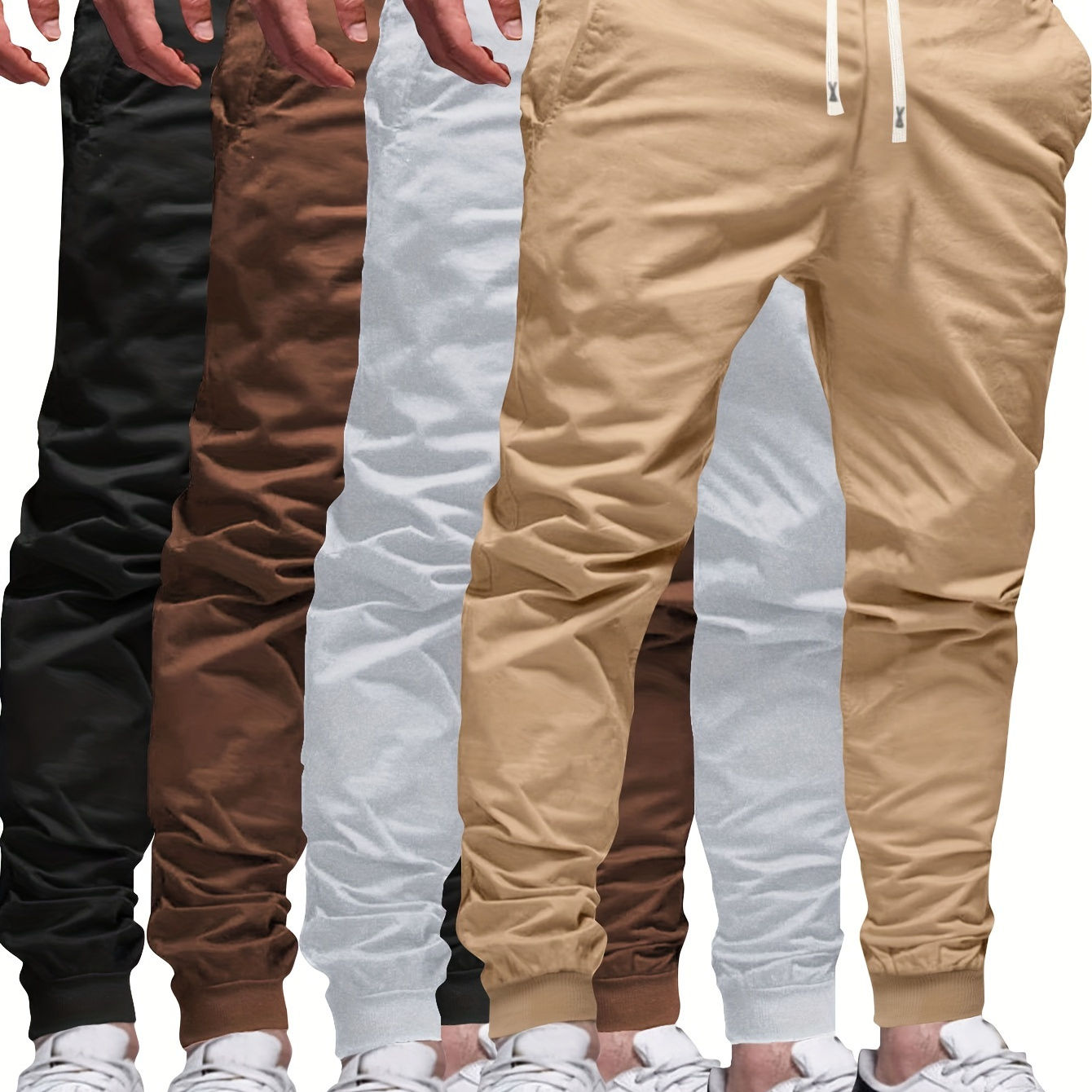 

4pcs Men's Solid Drawstring Footed Sweatpants Men's Casual Slightly Stretch Joggers For Spring Autumn Running Jogging