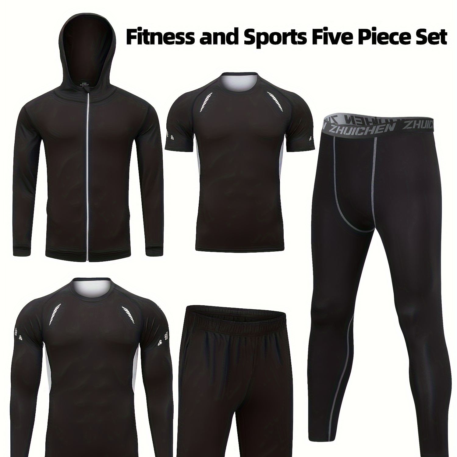 

Men's Quick-dry Athletic Set - 5pcs Spring/summer/fall Sports Suit For Running, Hiking & Gym, Breathable Polyester Fabric, Non-transparent Printed Design, Casual, Training Clothes