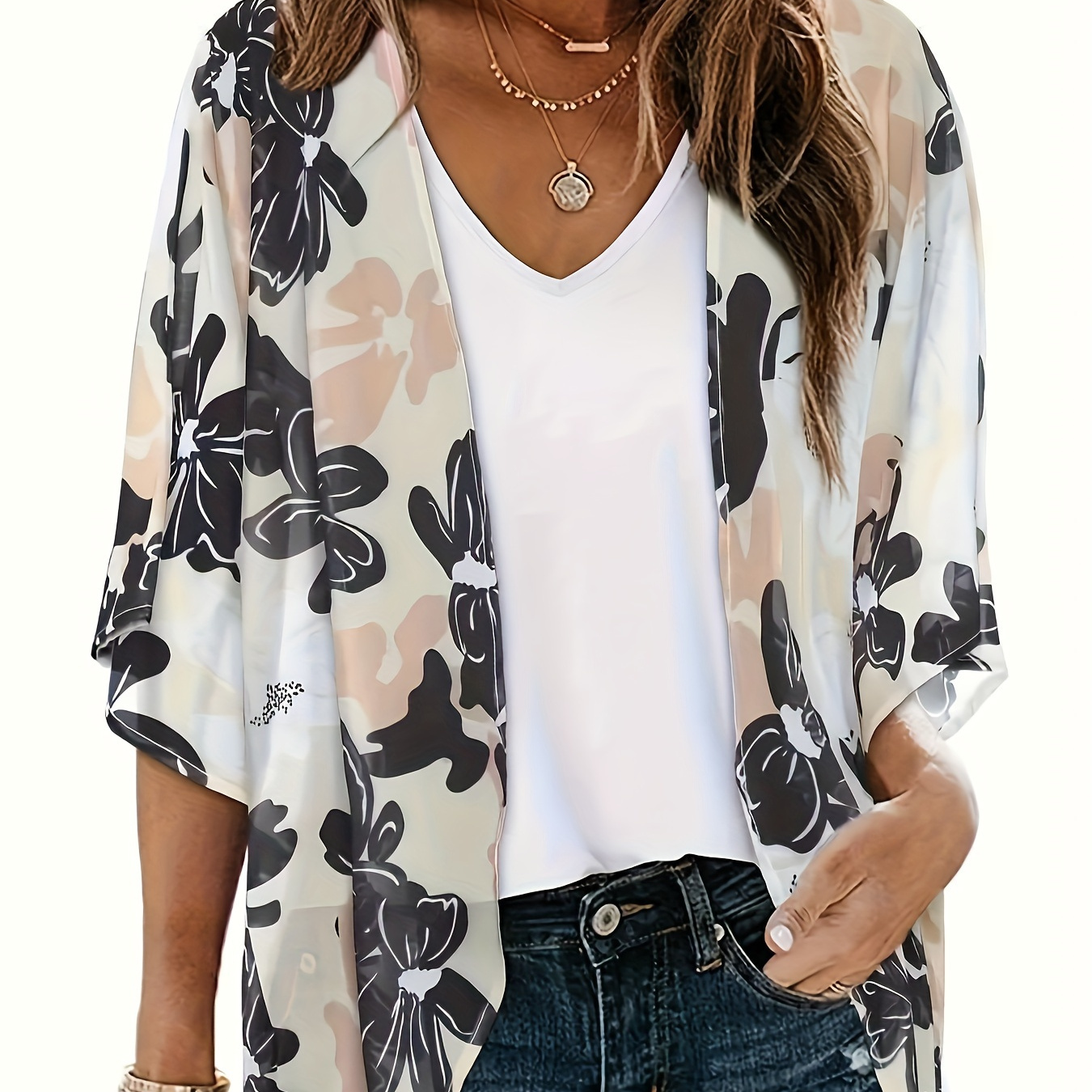 

Large Size Floral Print Kimono -season Wear Women's Large Size Kimono Shirt