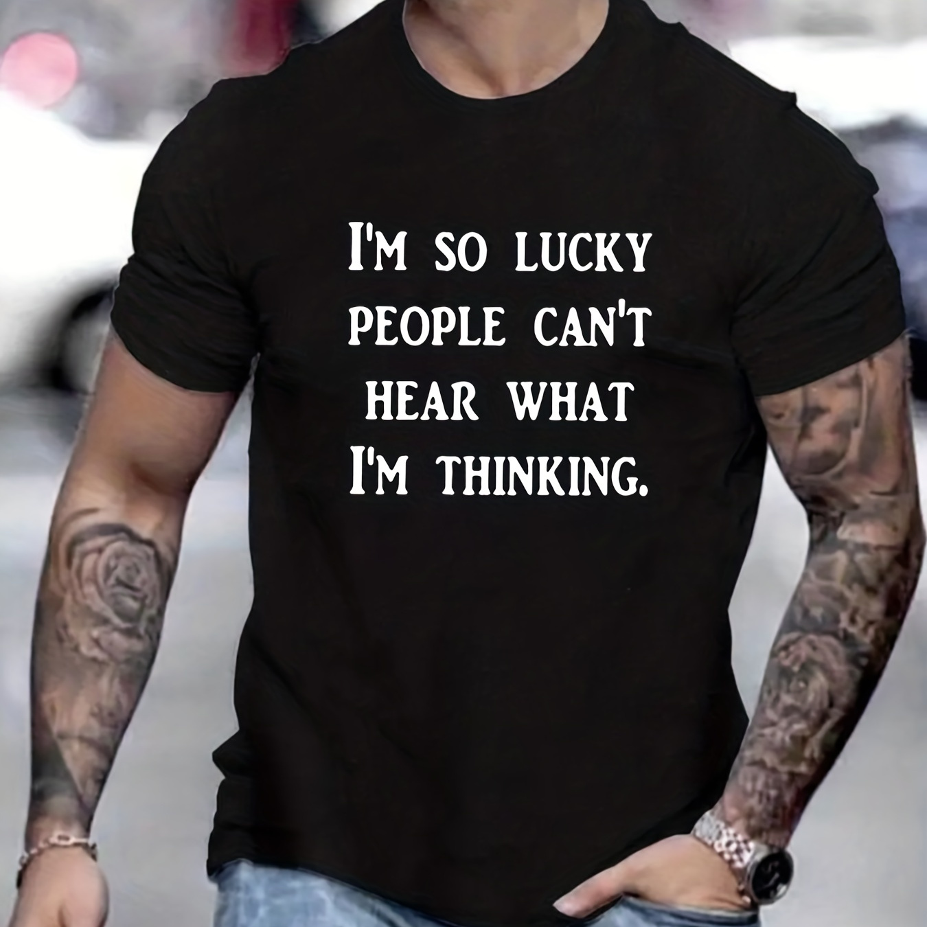 

[everyday ] Men's Casual Neck T-shirt With " People What I'm Thinking" Print - Soft Polyester, Short Sleeve, Round Neck, Machine Washable, Fit