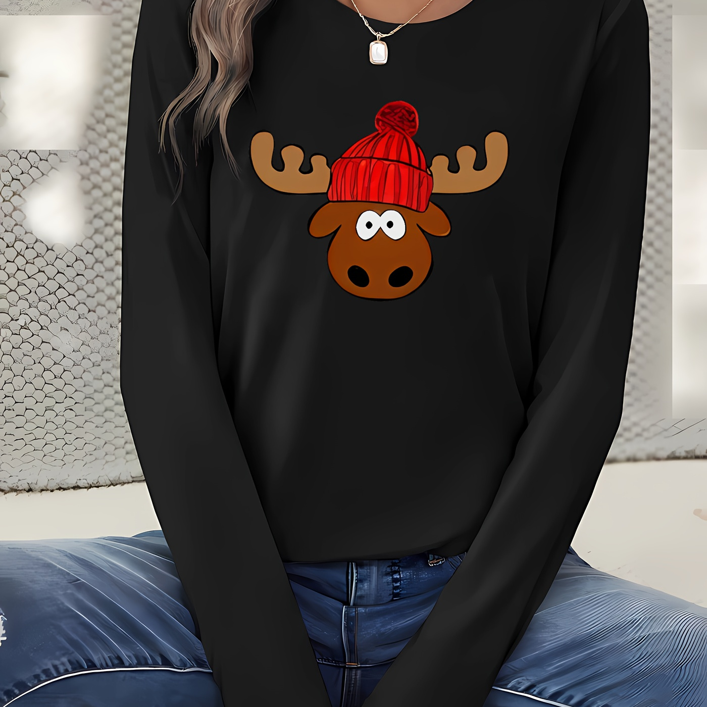 

Moose Pattern Print T-shirt, Round Neck, Long Sleeve, Casual Sports Wear, Women's Clothing