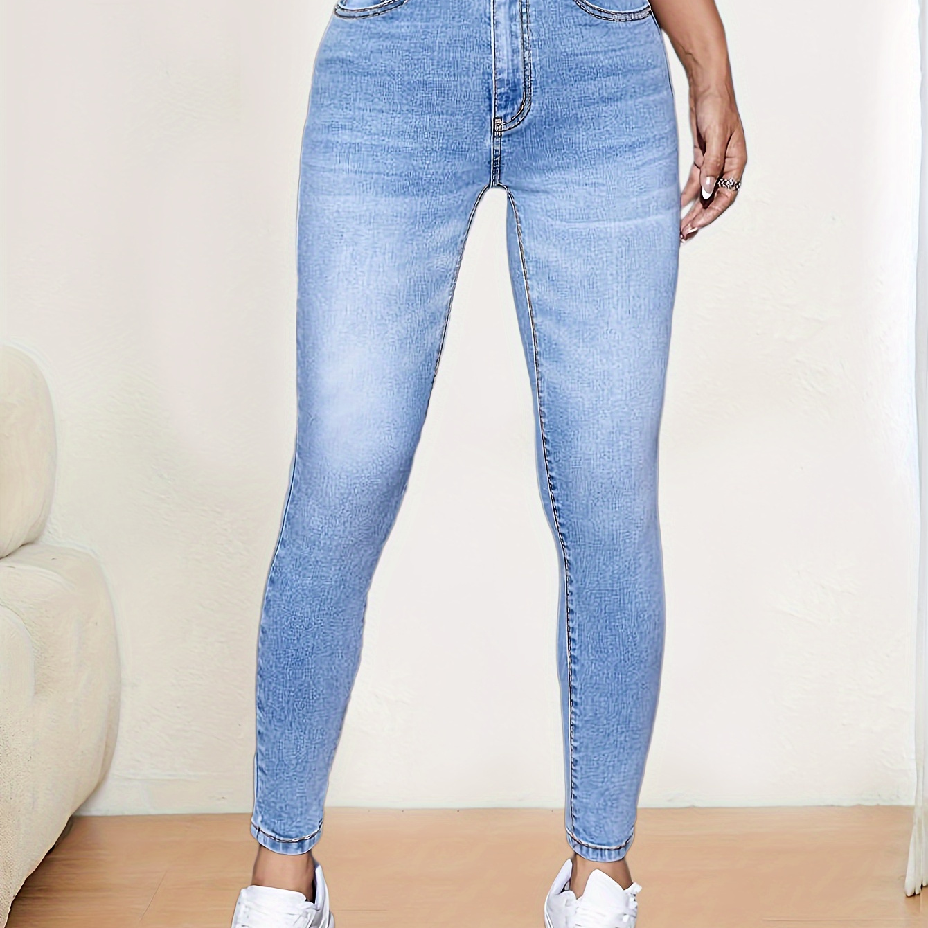 

1pc Women's High Waist Skinny Jeans, Casual Stretch Denim, Washed, Button Fly, Long Pants For