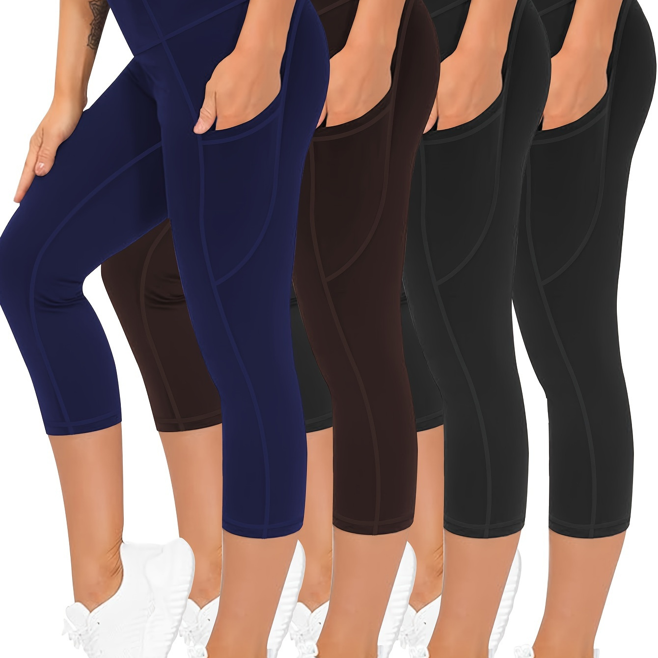 

4-pack Plus Size High-waisted Capri Sporty Leggings, Quick-dry Yoga Pants With Pockets, Breathable Outdoor Athletic Tights