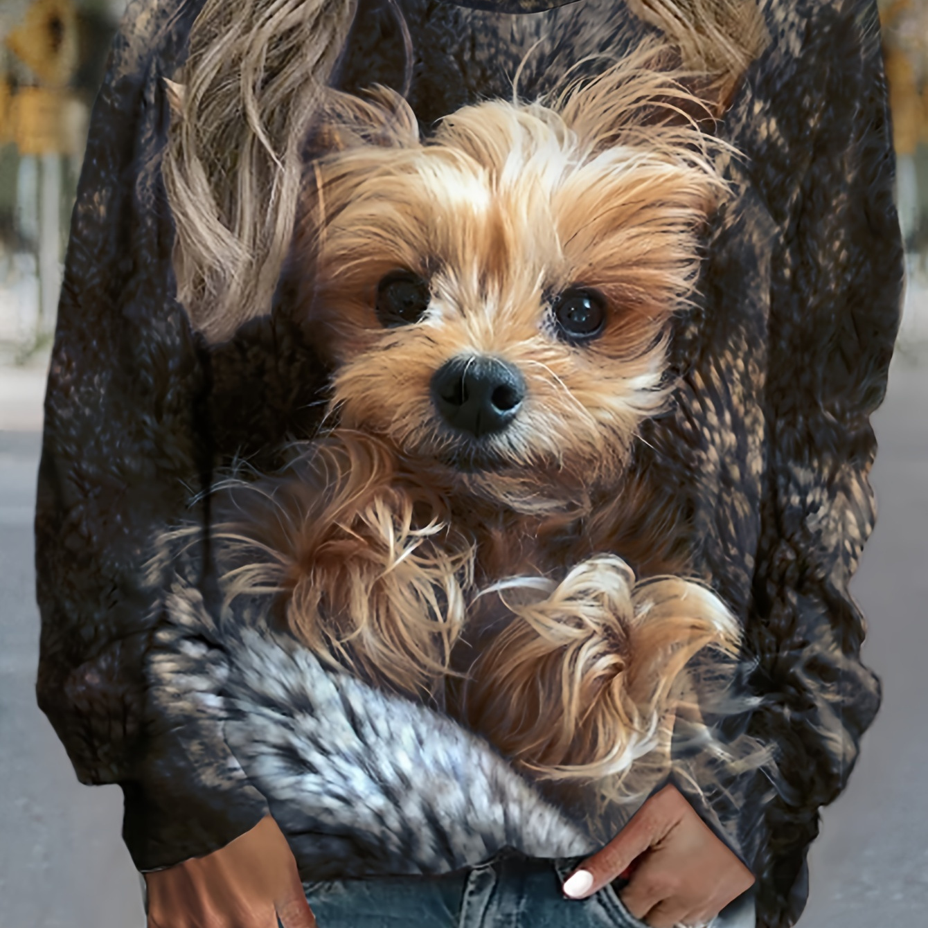 

1pc Vintage Style Women's Crew Neck Polyester Sweatshirt With Yorkshire Terrier Print, Animal Pattern Knit Fabric Pullover For Fall/winter