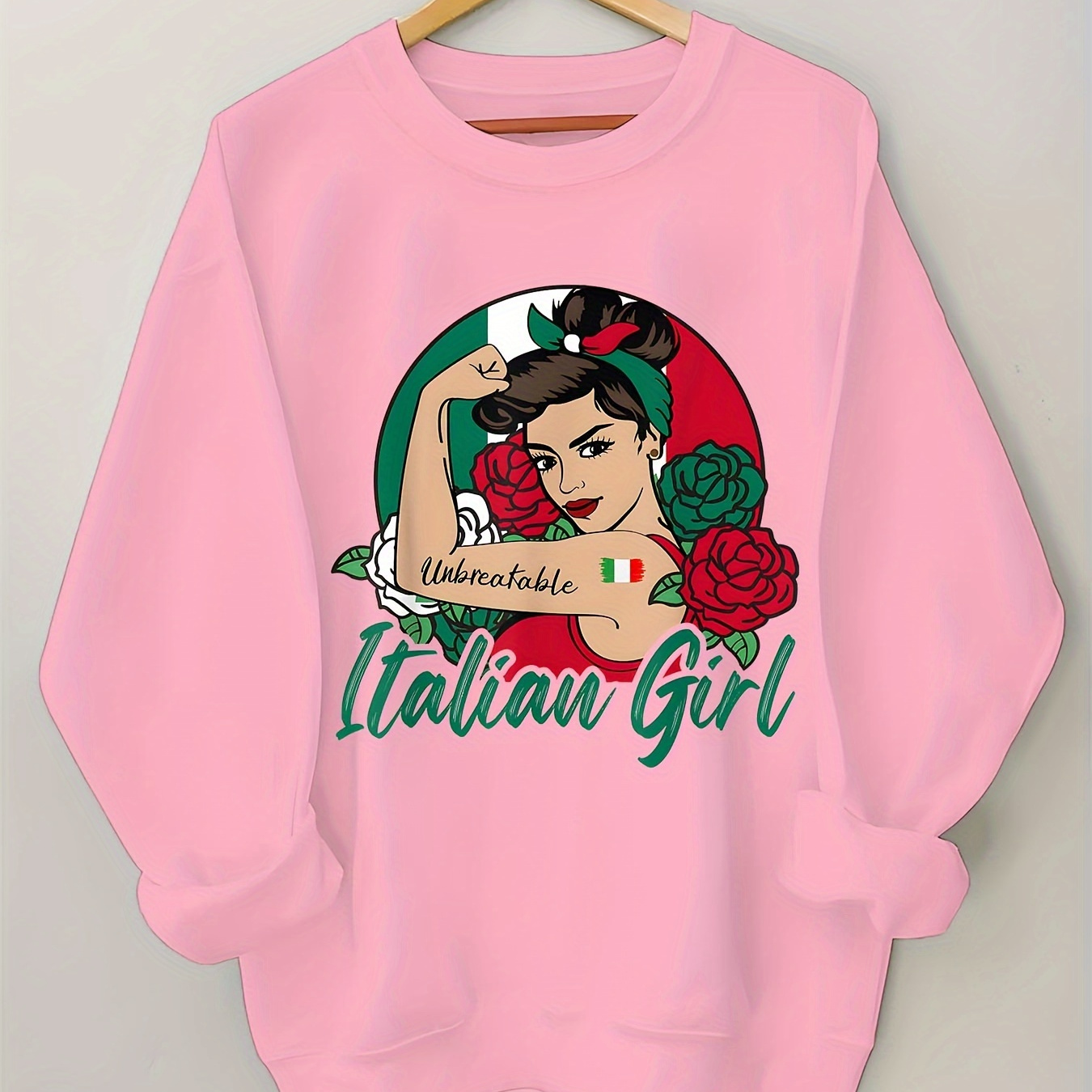 

Italian Girl Graphic Print Sweatshirt, Crew Neck Casual Sweatshirt For Winter & Fall, Women's Clothing