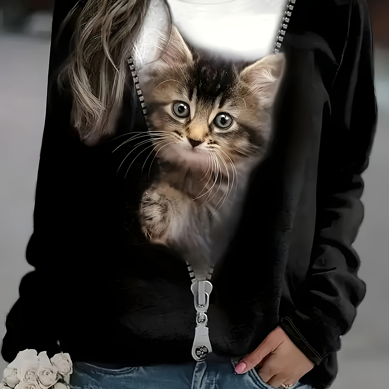 

T-shirt à motif de chat grande taille, haut décontracté à manches longues pour le printemps et l'automne, vêtements grande taille pour femmes