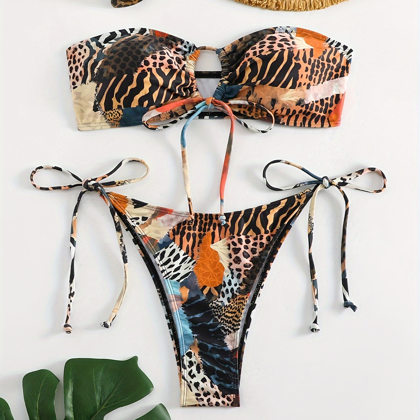 

Women's 2-piece Bikini Swimsuit, Animal Print Patchwork Design, Adjustable Tie-up Top And Bottoms, Summer Beachwear, Swimwear
