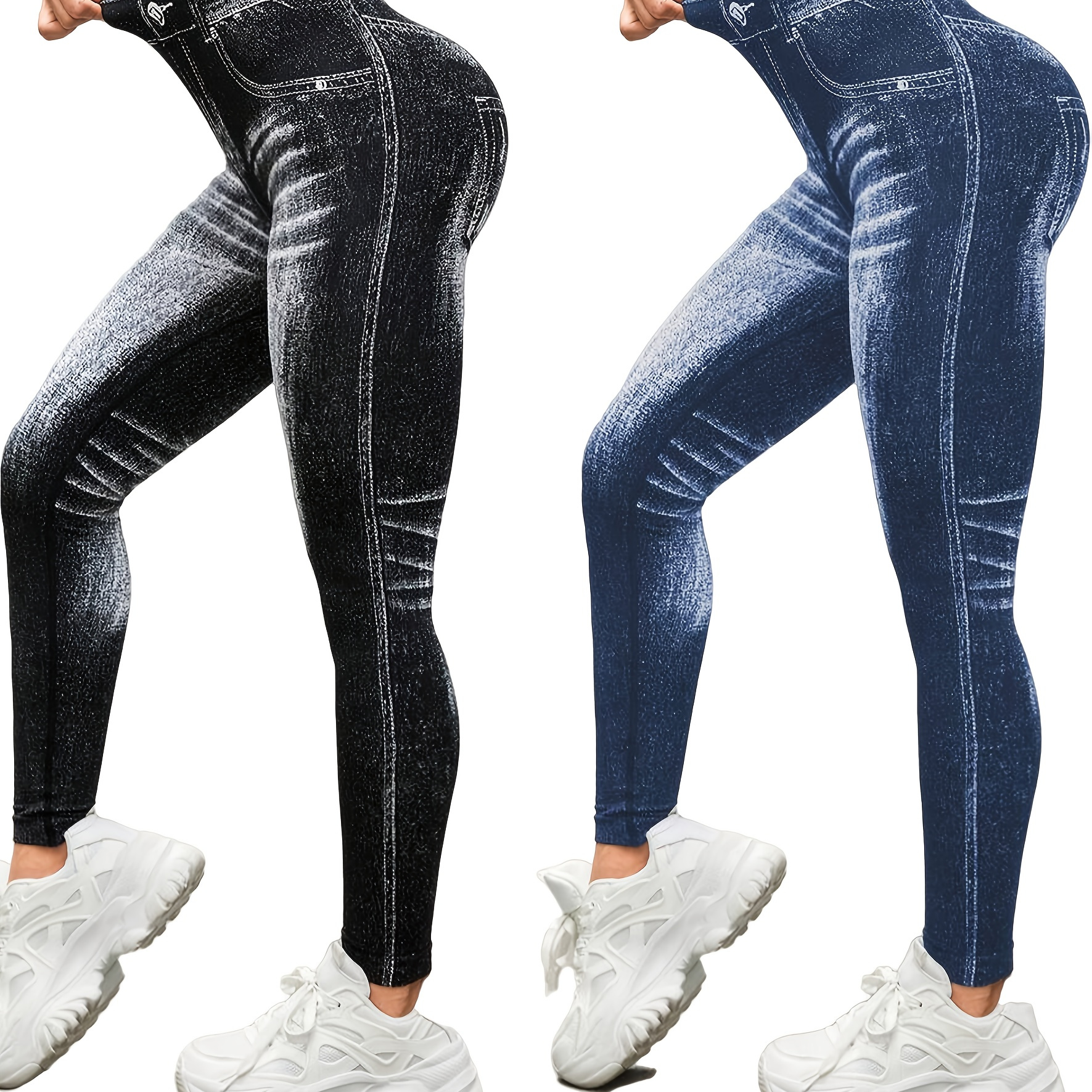 

2pcs Denim Print High-waist Leggings - Stretchy, Casual Skinny Pants For Women, Machine Washable