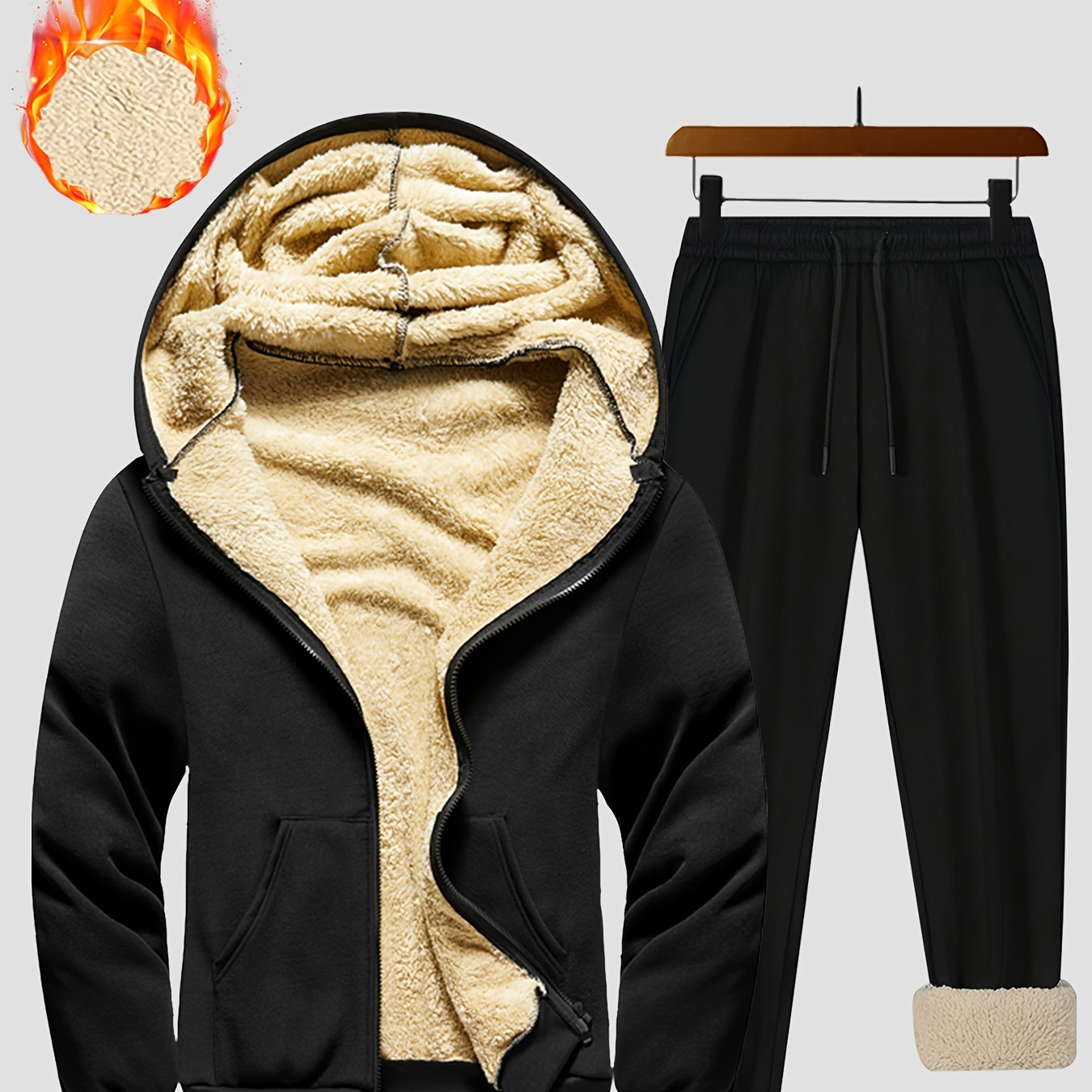 

Men's Fleece Lined Hoodie And Pants Set, Casual Warm Windproof Outfit With Pockets For Autumn/winter Wear