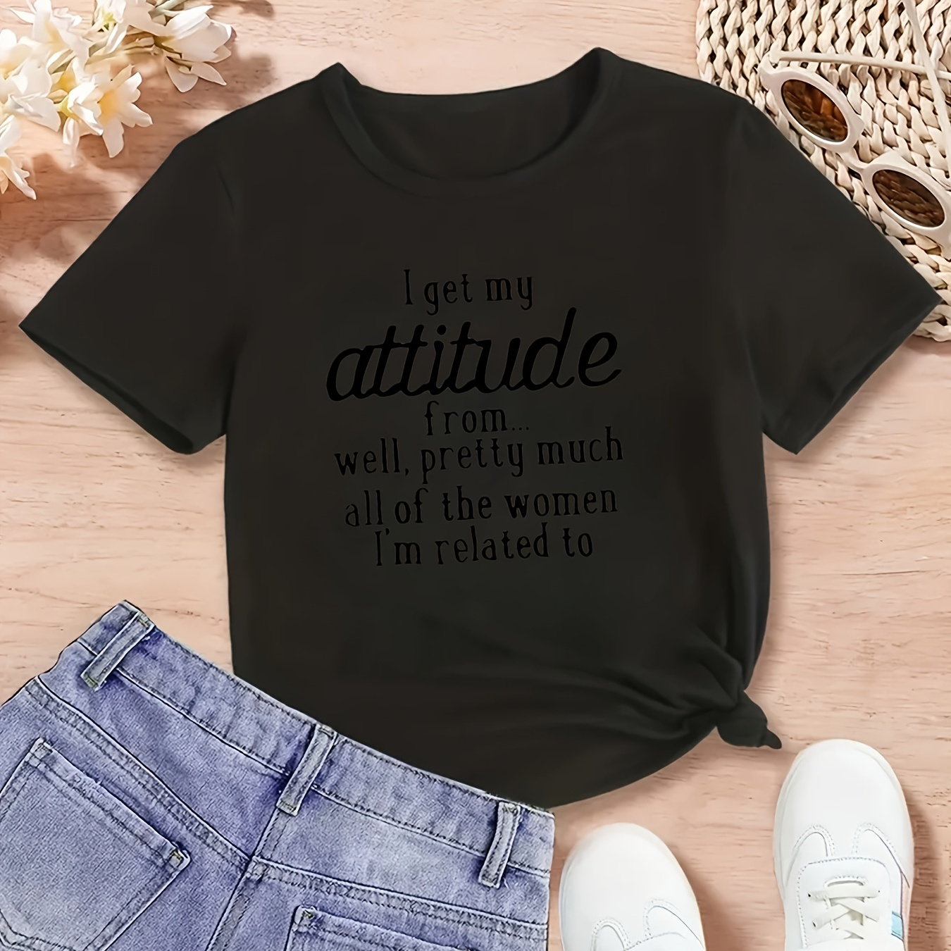 

Fun 'get My Attitude From' Summer Graphic T-shirt For Girls, Cotton Comfy Short Sleeve Tee For A Trendy Look!