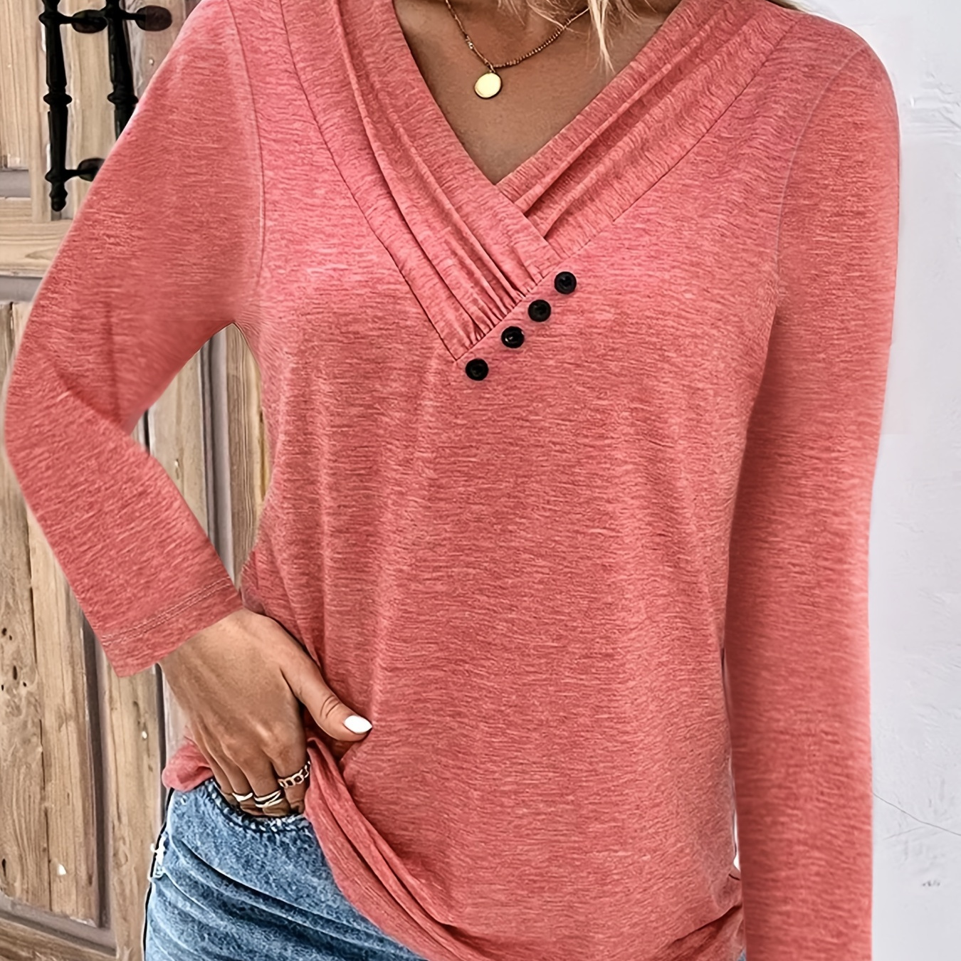 

Surplice Neck Button Decor T-shirt, Casual Long Sleeve T-shirt For Spring & Fall, Women's Clothing