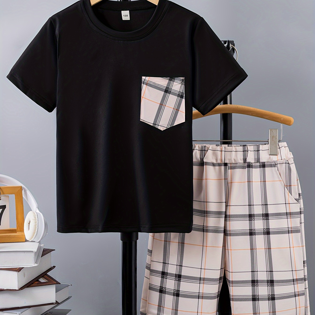 

2pcs Boys Casual Plaid Short Sleeve T-shirt & Shorts Set, Comfy Summer Boys Clothes