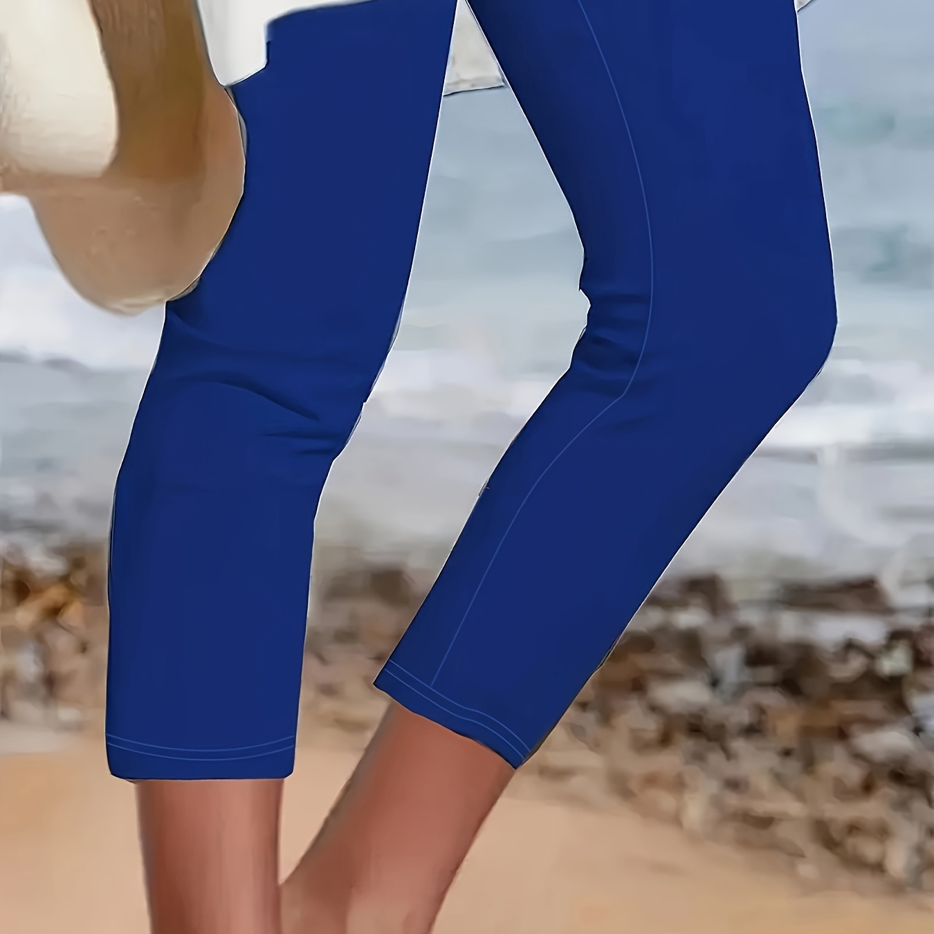 

Plus Size Solid Simple Capri Leggings, Casual High Waist Stretchy Leggings For Spring & Summer, Women's Plus Size Clothing