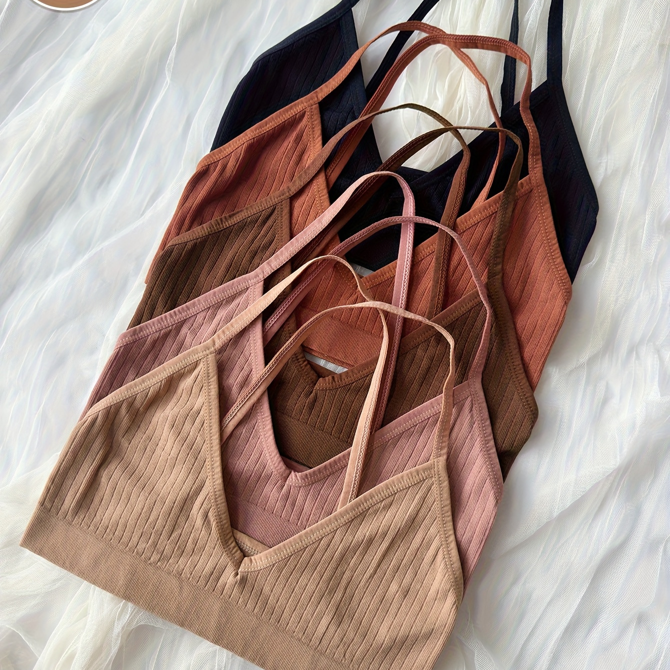 5pcs Seamless Ribbed Comfort Wire-Free Crisscross Back Triangle Cup Women's Bras