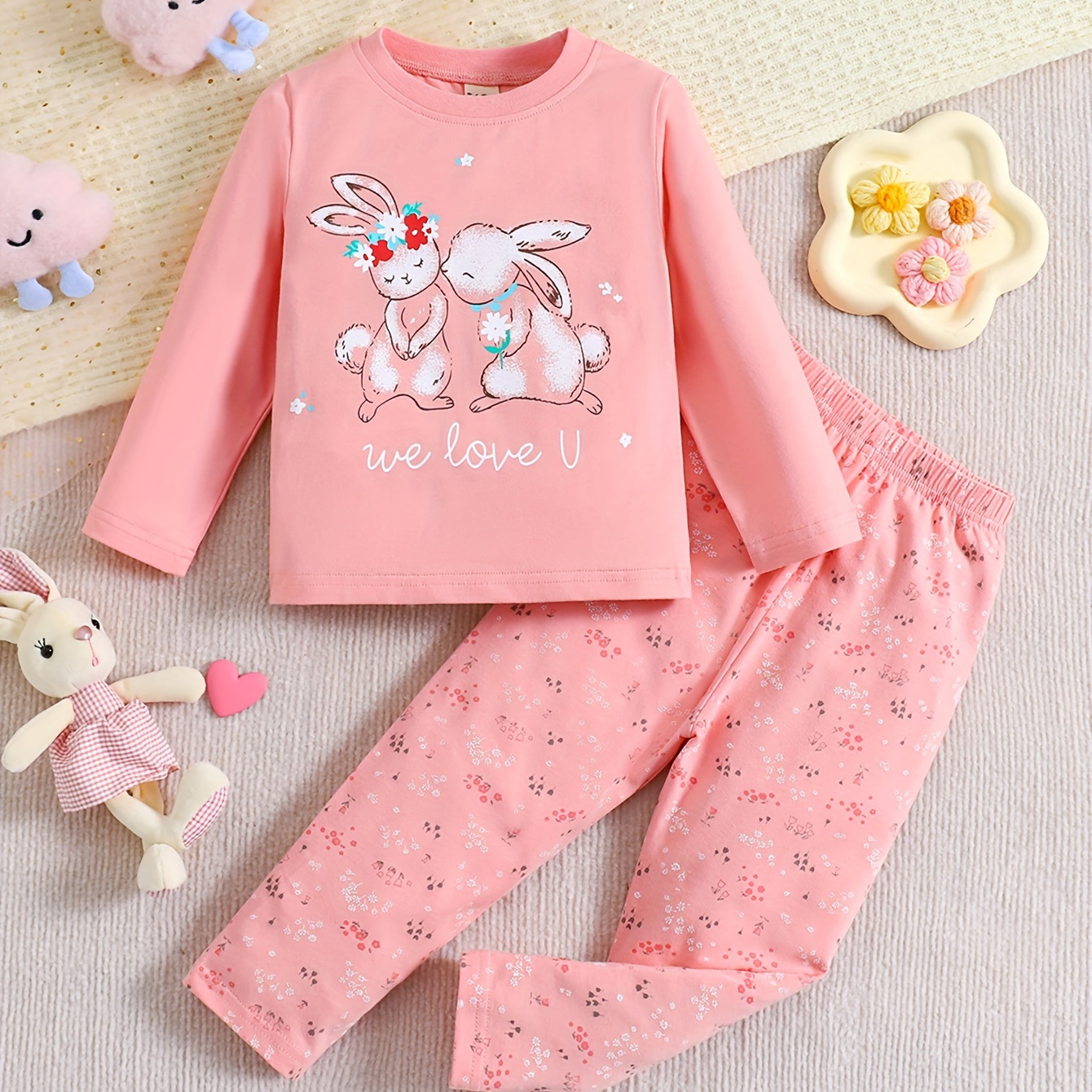 

Toddler Baby Girls Pajamas Family Outfit Easter Rabbit Print Round Neck Long Sleeve Top & Flowers Print Pants Set