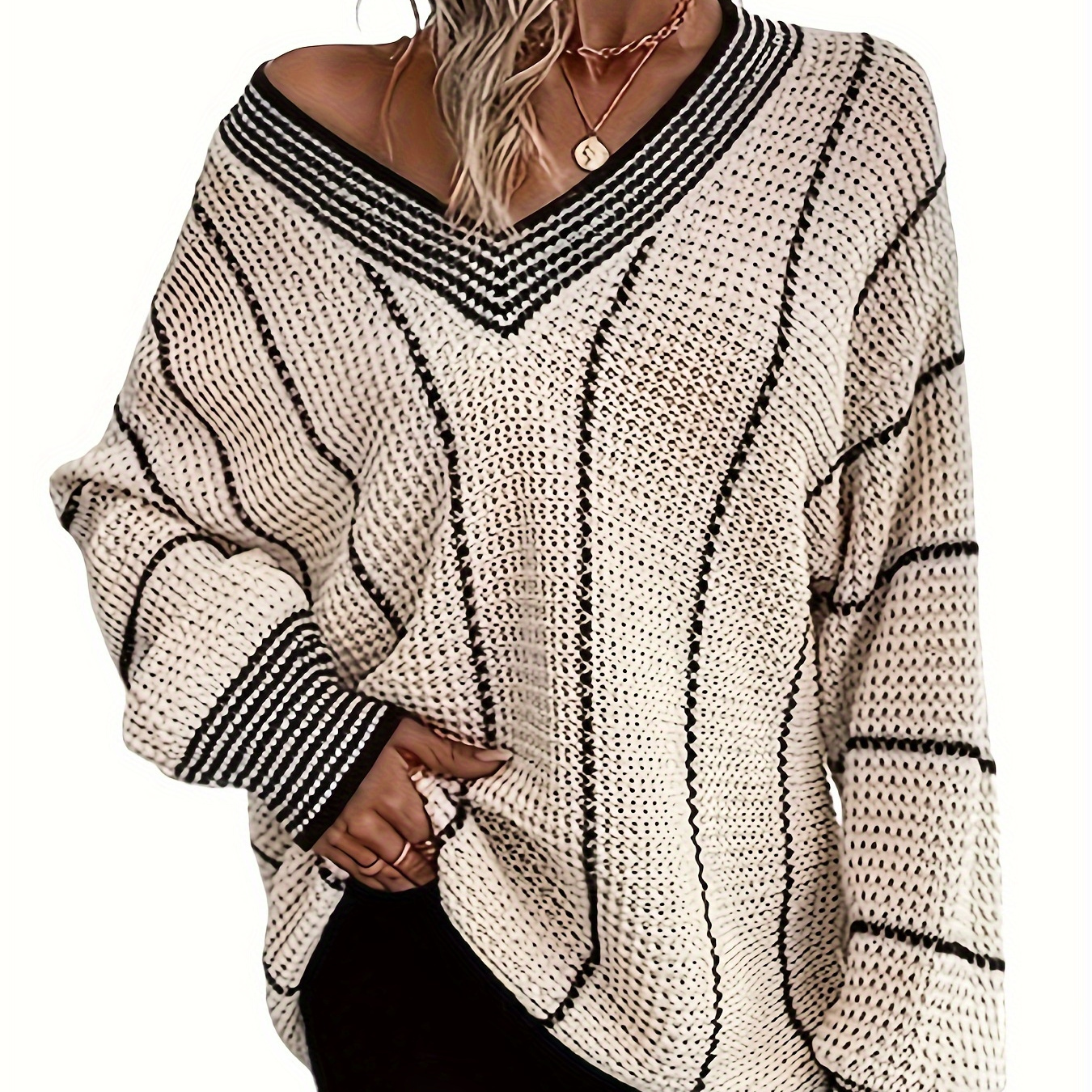 

Striped V Neck Oversized Sweater, Casual Long Sleeve Comfy Sweater, Women's Clothing