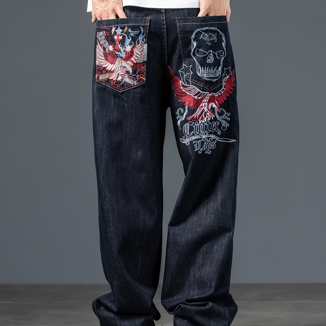 メンズスタイリッシュなスカルパターンデニムパンツ、ポケット付き、カジュアルで通気性のある快適なジーンズ、街歩きストリートハンギングアウトドアアクティビティ用