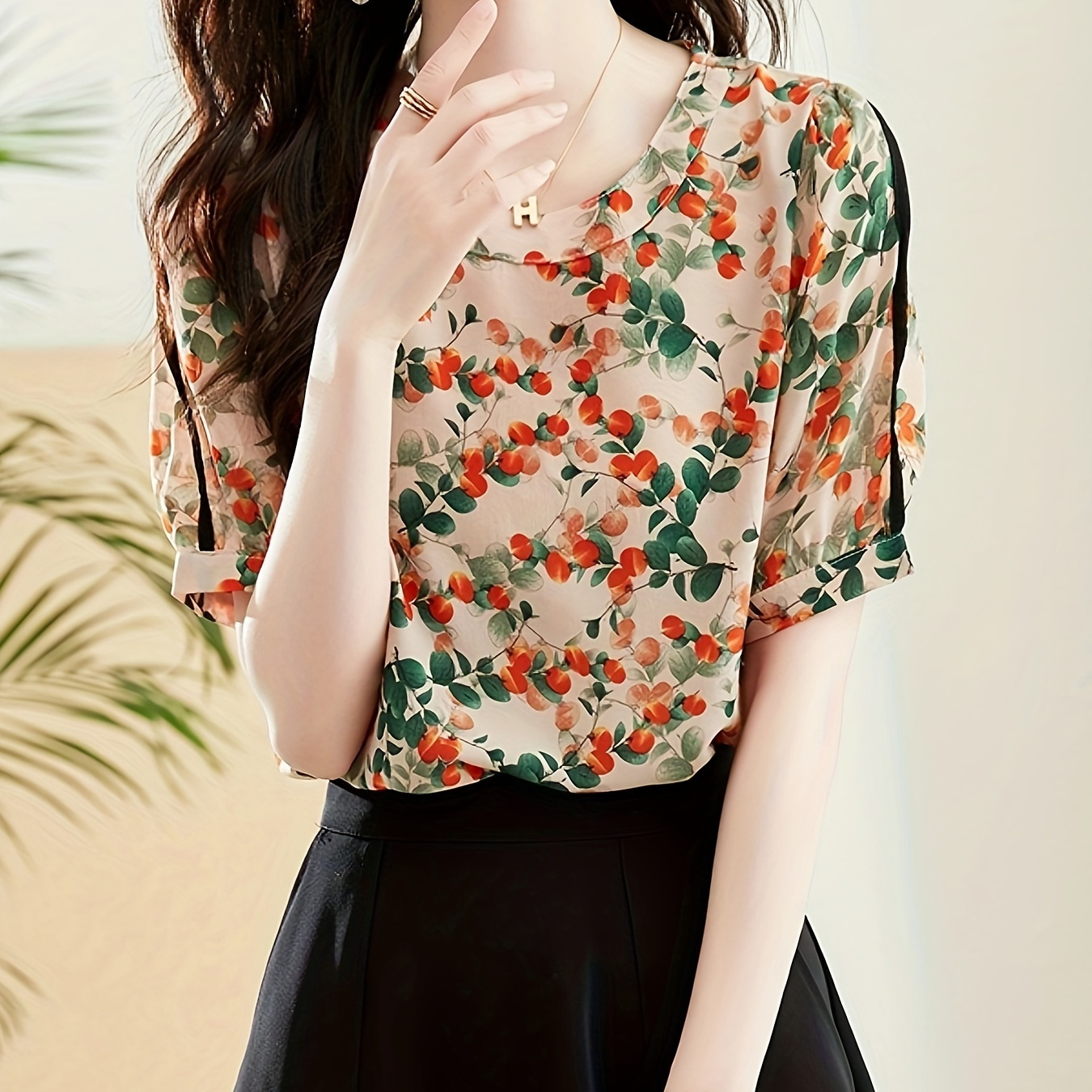 

Floral Print Split Sleeve Blouse, Elegant Crew Neck Blouse For Spring & Summer, Women's Clothing