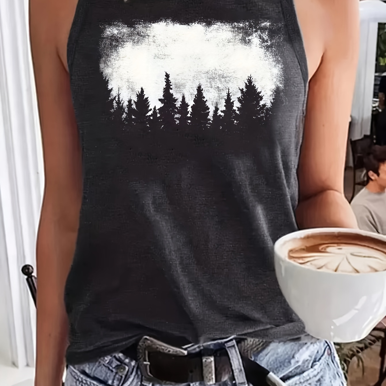 

Trees Print Tank Top, Casual Crew Neck Tank Top For Summer, Women's Clothing
