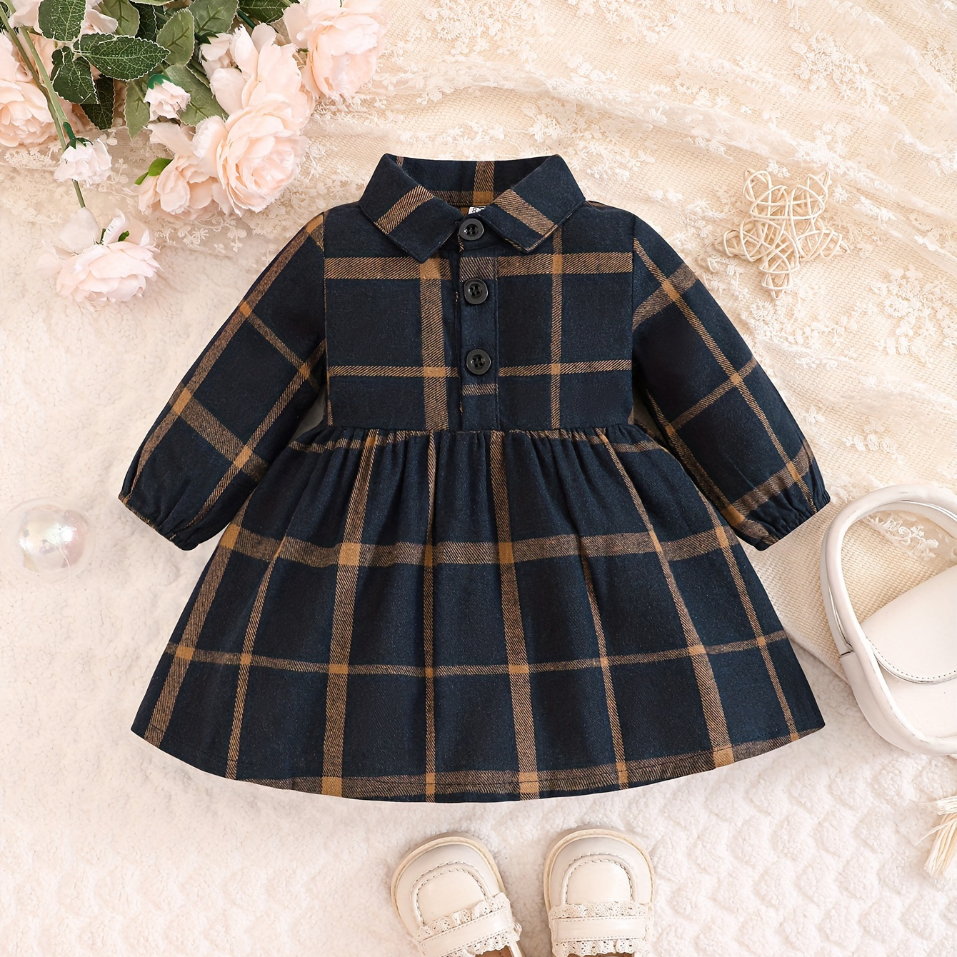 

Baby Girl Cotton Long Sleeve Waisted Plaid Print Causal & Cute Dress