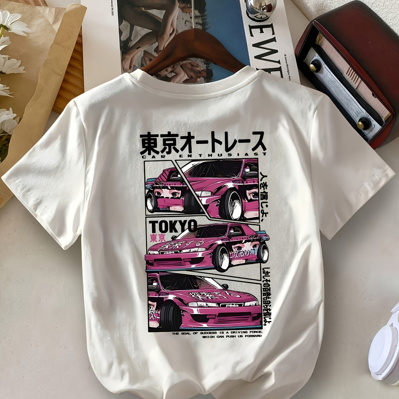 

Women's Casual Crew Neck T-shirt With Graphic Car Print, Short Sleeve Polyester Knit Top, Regular Length, All , 95% Polyester 5% Spandex, 180gsm - Summer & Spring Fashion