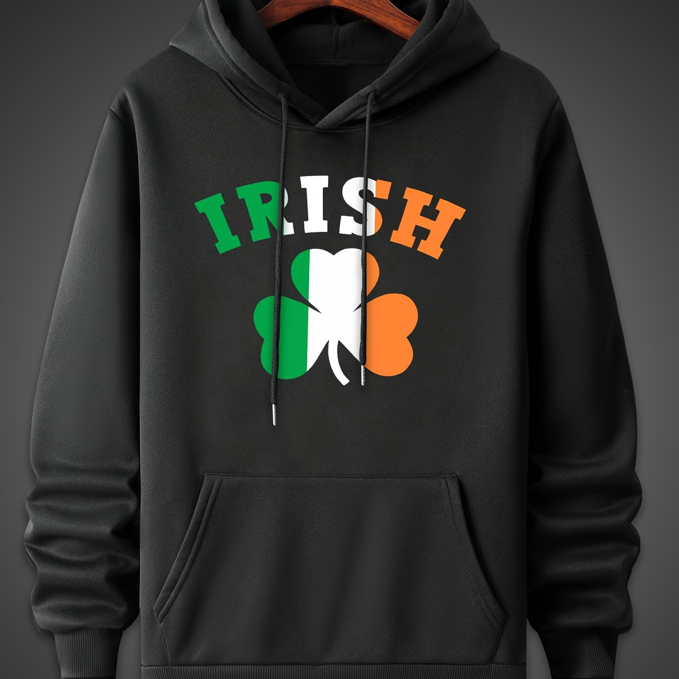 

Irish Print Kangaroo Pocket Hoodie, Casual Long Sleeve Hoodies Pullover Sweatshirt, Men's Clothing, For Fall Winter