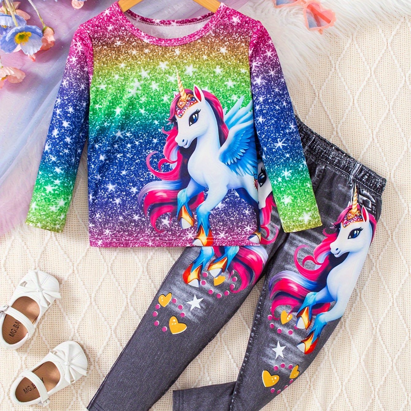 

2pcs Toddler Girls Shiny Unicorn Graphic T-shirt Top + Imitation Denim Print Pants Set Spring Fall Gift Party