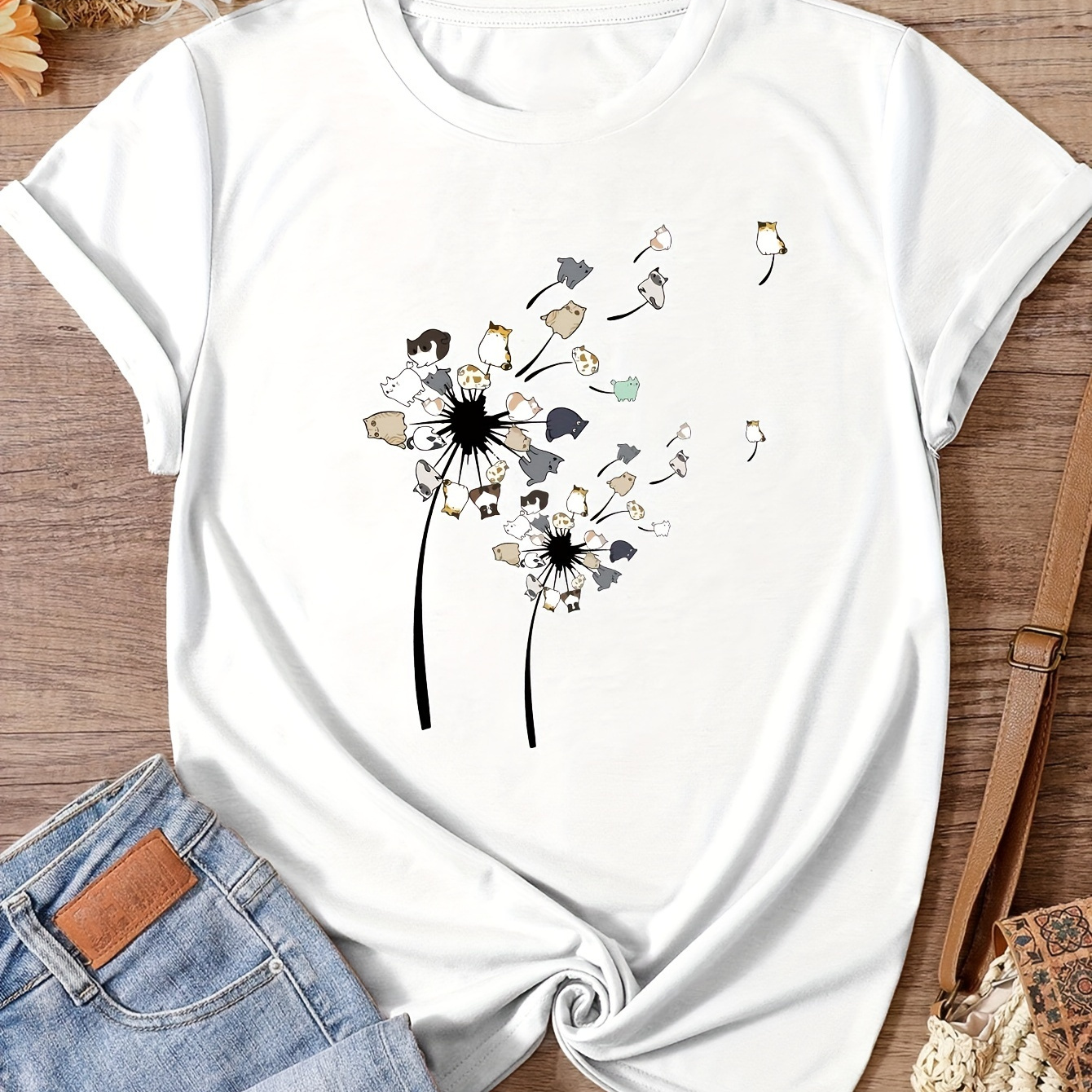 

Cute Cat Dandelion Print T-shirt, Casual Crew Neck Short Sleeve Top For Spring & Summer, Women's Clothing