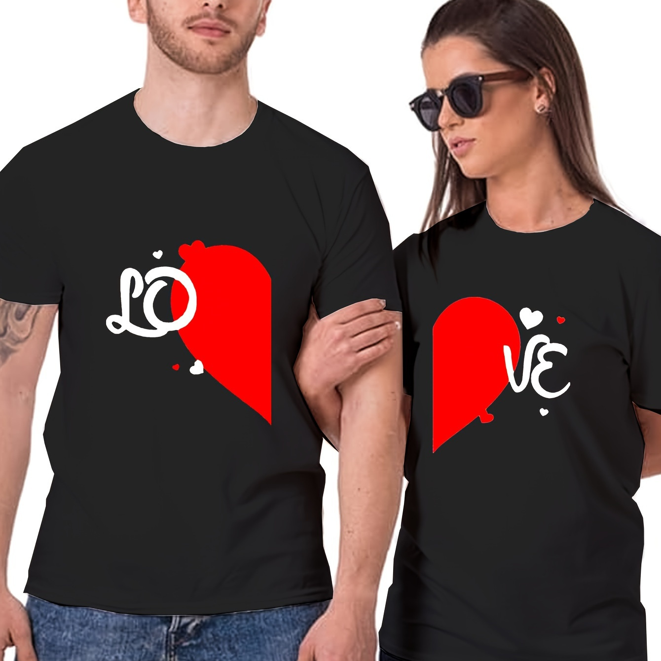 

Love Heart Couple Front Print T-shirt Graphic Tee Summer Casual Tee Streetwear Top For Men Women