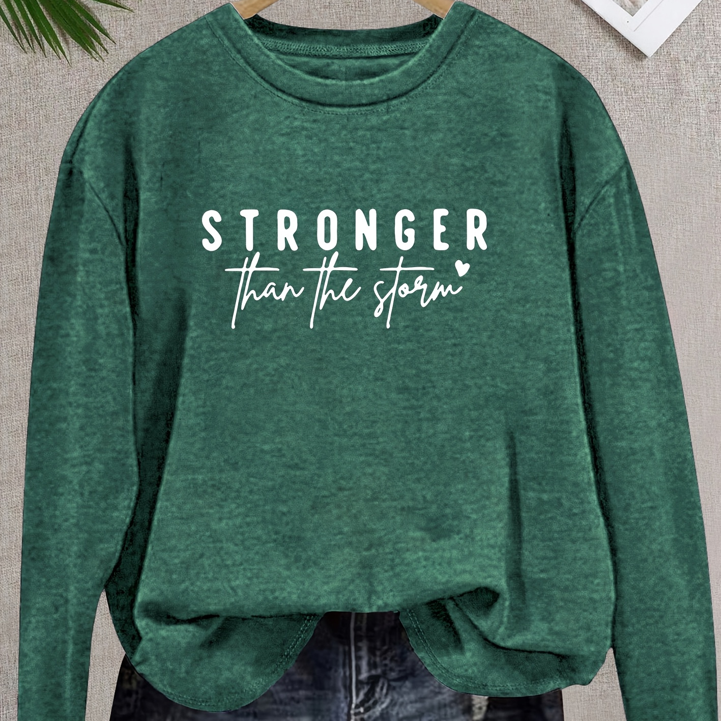 

1pc Vintage-inspired Women's Long Sleeve T-shirt With "stronger Than " Print, Crew Neck, Knit Fabric, Medium Stretch, Top