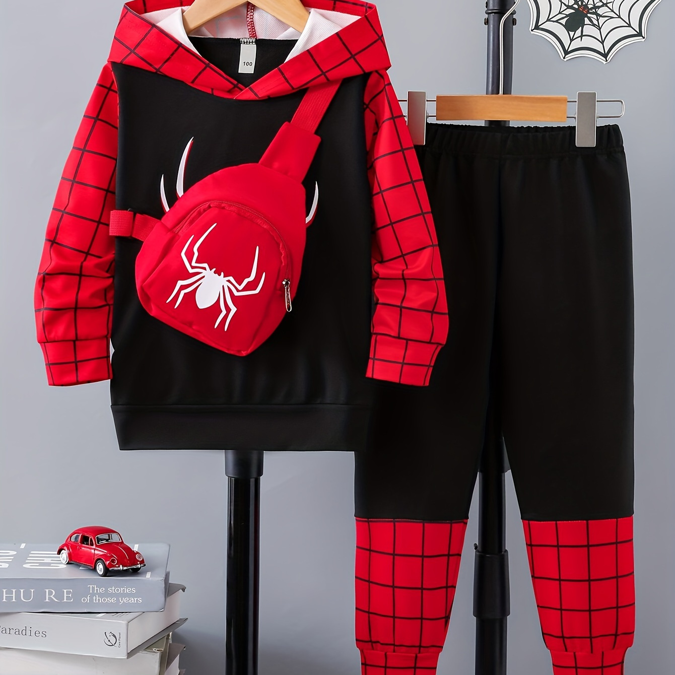 

Boy's 3-piece Casual Co Ord Set, Spider Print Long Sleeve Hoodie, Crossbody Bag And Jogger Pants, Comfy Spring Fall Clothes