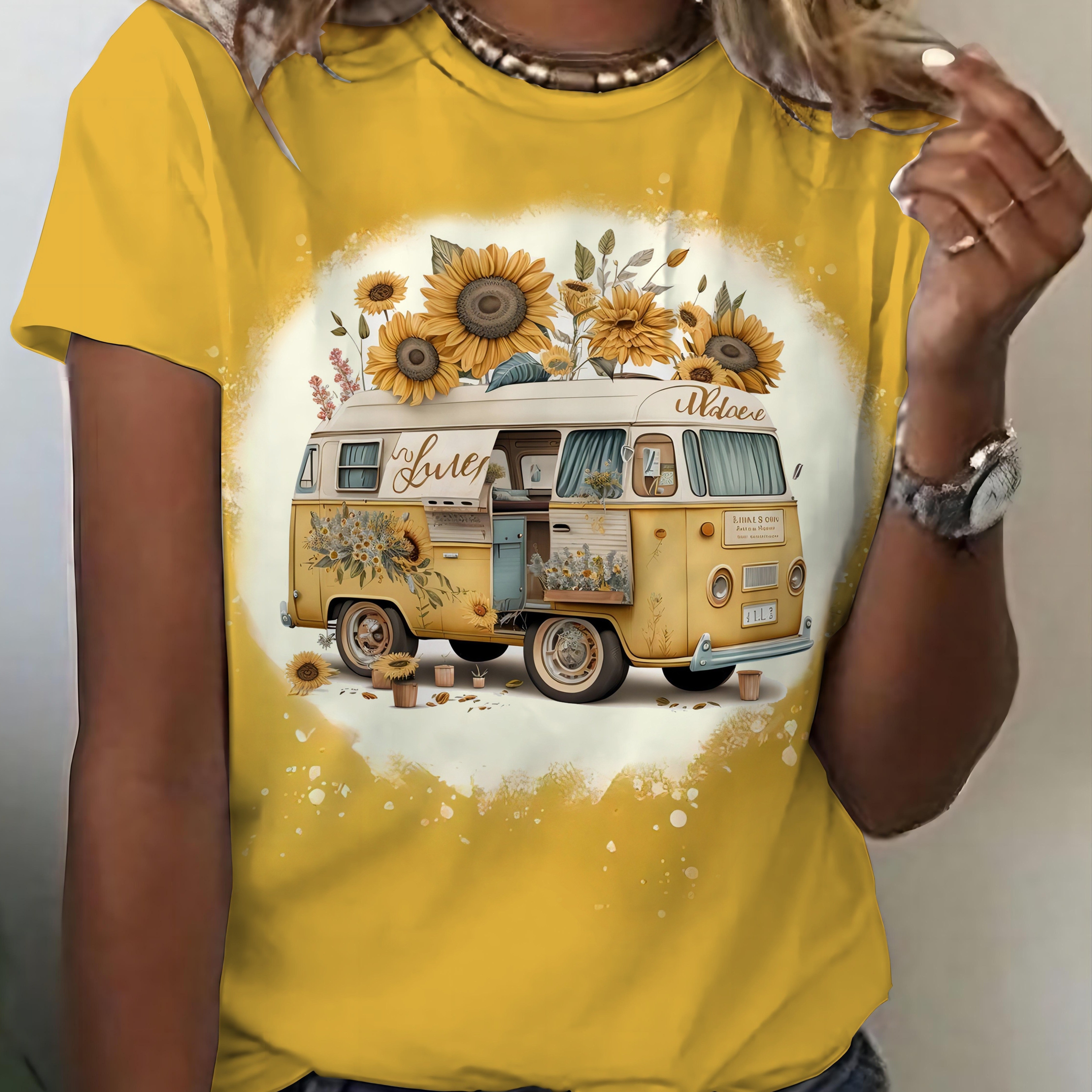 

Women's Polyester Crew Neck T-shirt, Casual Knit Fabric Top, With Sunflower & Print, For All