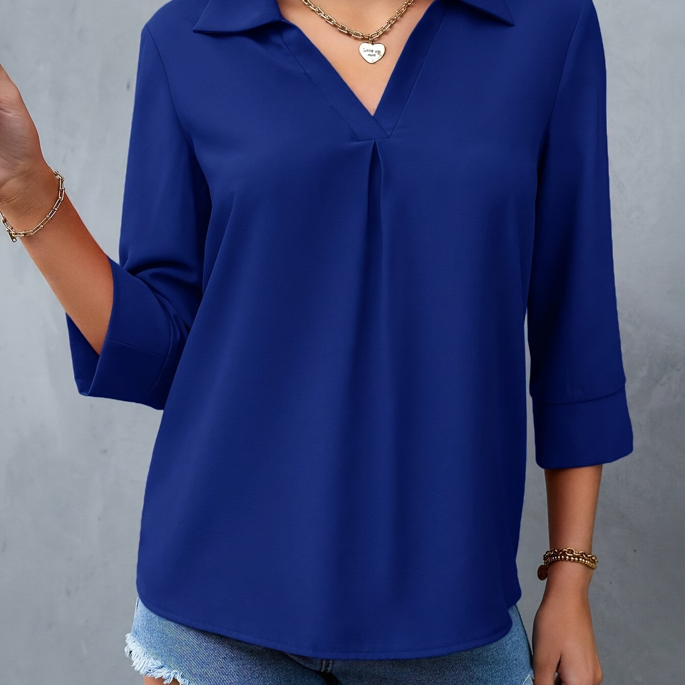 

Solid Color Collared Blouse, Casual 3/4 Sleeve Blouse For Spring & Fall, Women's Clothing