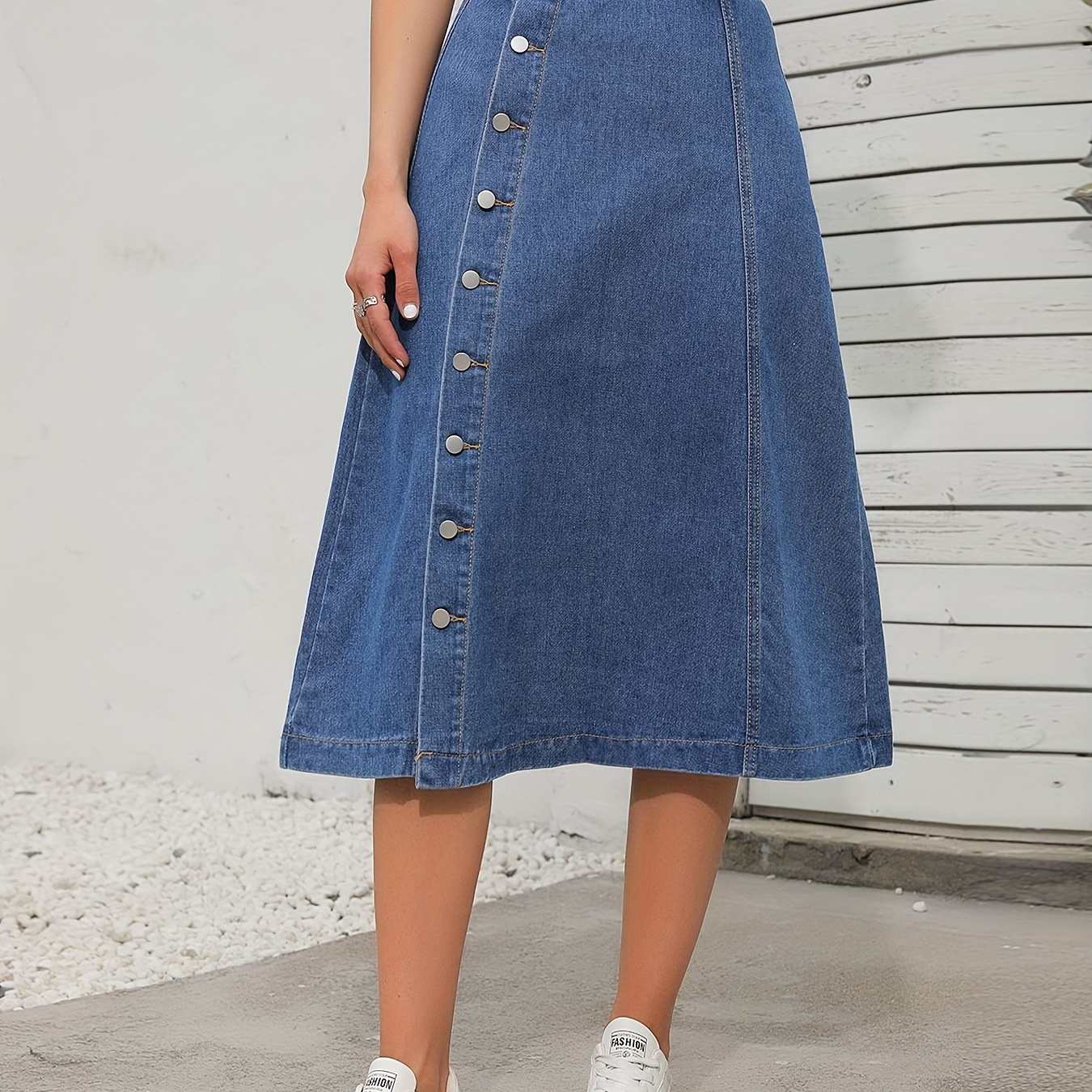 Blue Non-Stretch Denim Midi Skirt, Single-Breasted Button Casual Denim Skirt, Women's Denim Clothing