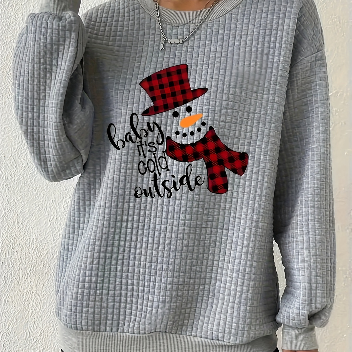 

Plus Size Snowman Neck Sweatshirt, Casual Long Sleeve Waffle Sweatshirt For Fall & Winter, Women's Plus Size Clothing