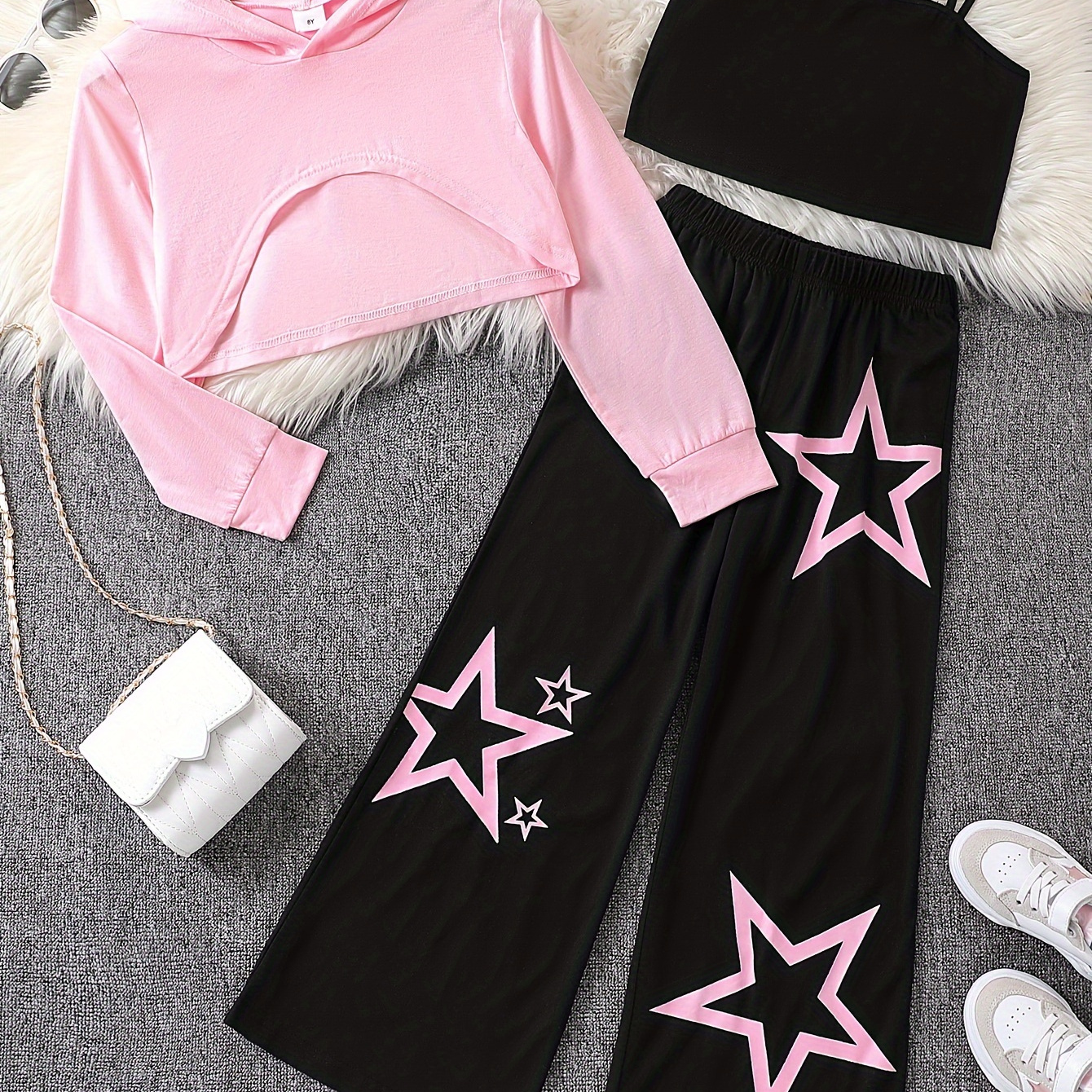 

3-piece Outfit Girl's Stars Pattern Wide-leg Pants + Camis Top + Long-sleeve Hoodie Set