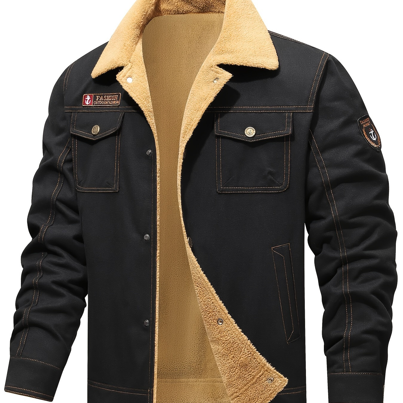 

Veste chaude doublée en polaire avec lettres et badges décoratifs 10 % coton pour homme, style militaire décontracté, manteau à manches longues pour les vêtements d'extérieur d'automne et d'hiver